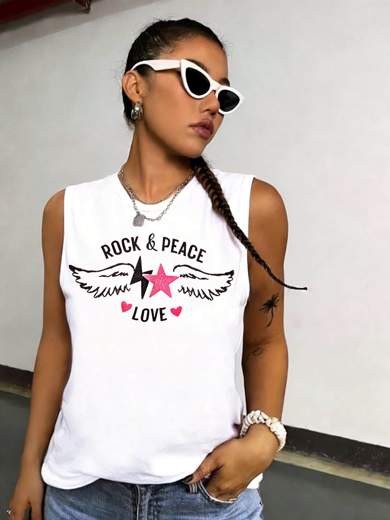 White Sleeveless Tank Top with Graphic Print