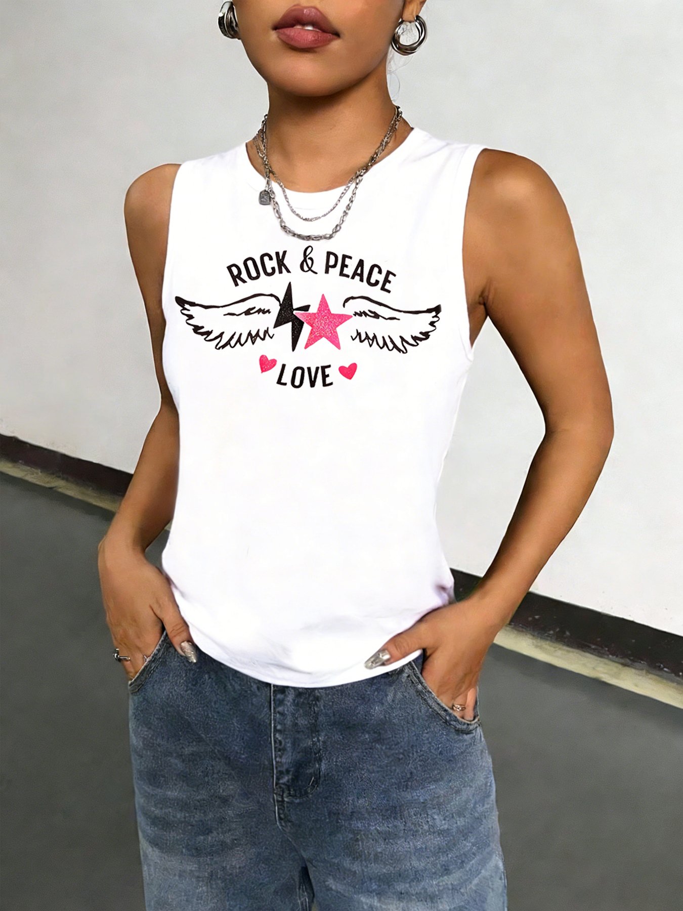 White Sleeveless Tank Top with Graphic Print
