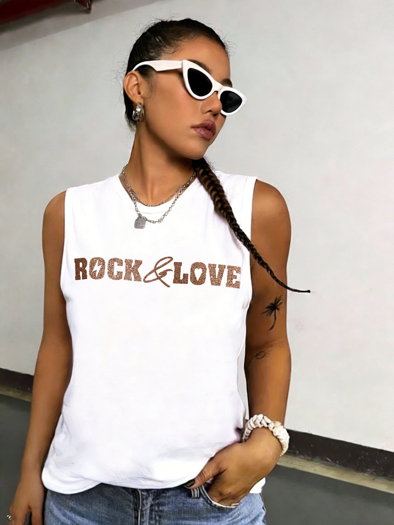 White Sleeveless Tank Top with Graphic Print