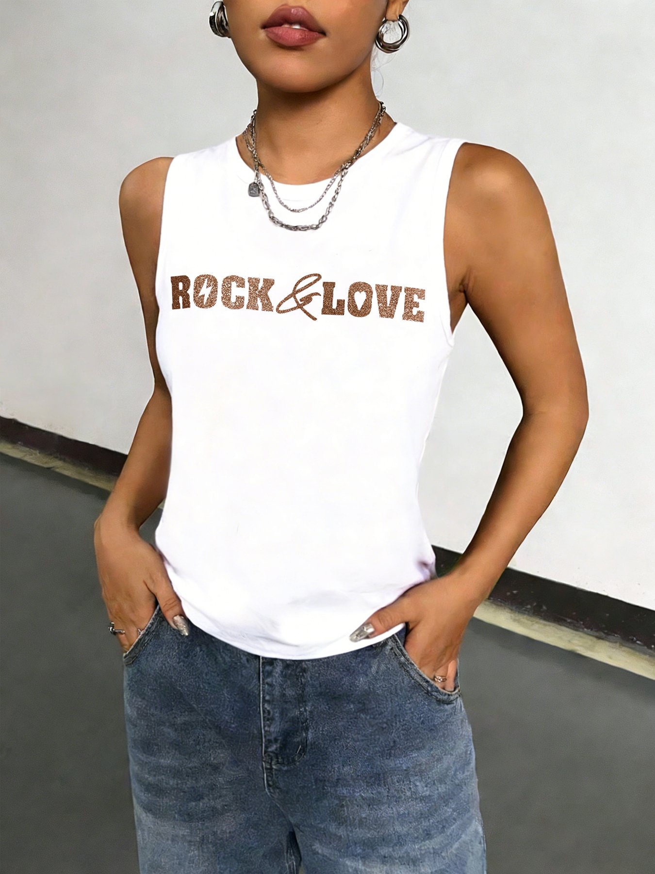 White Sleeveless Tank Top with Graphic Print
