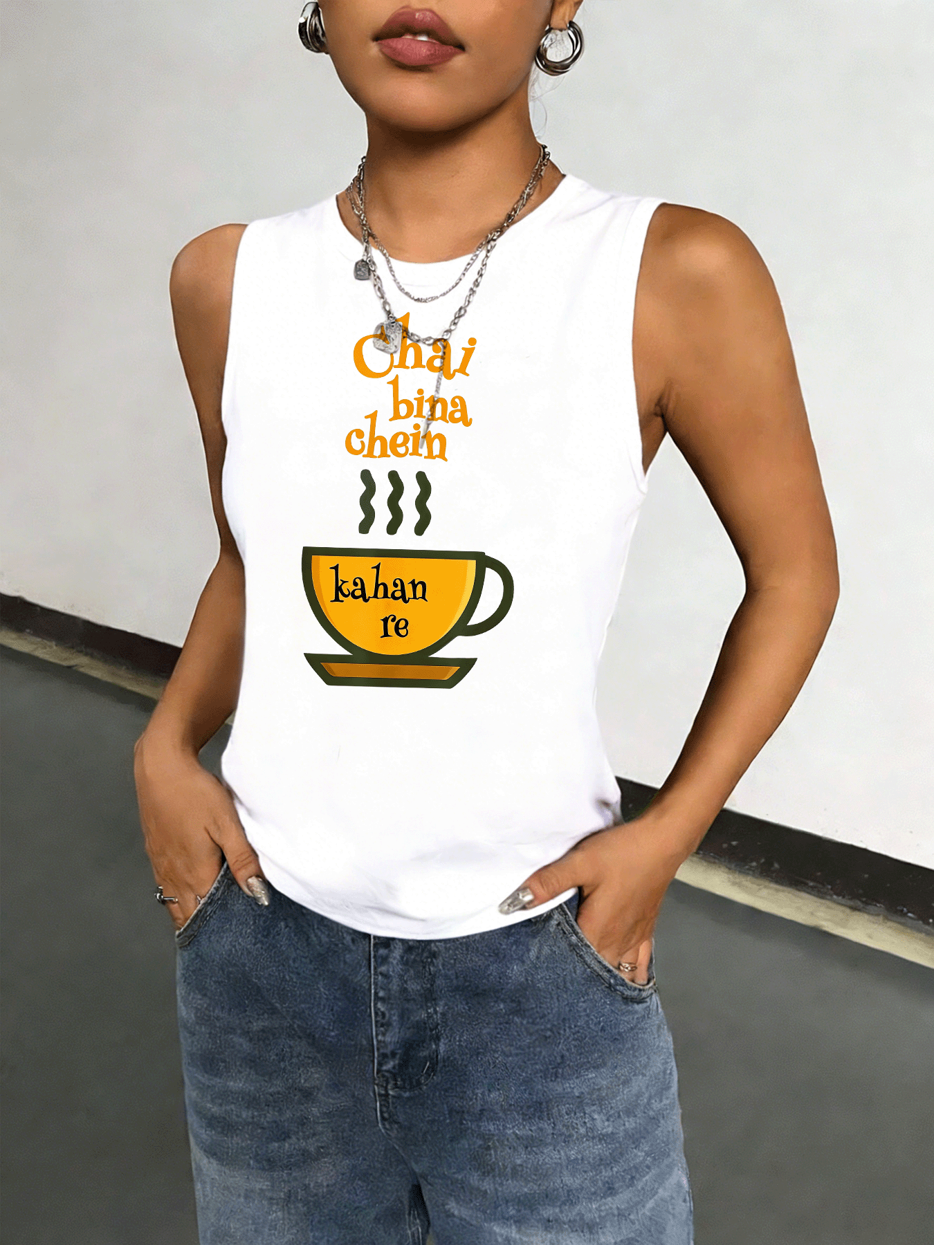 White Graphic Print Tank Top