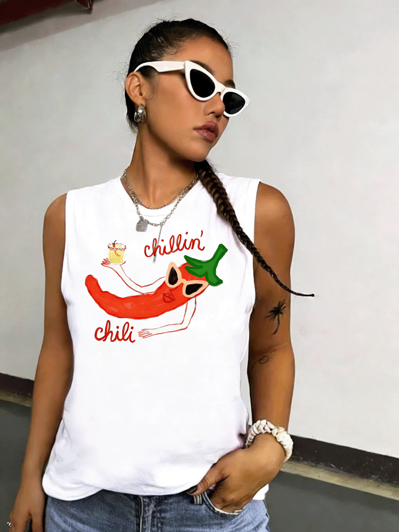 White Graphic Print Sleeveless Tank Top