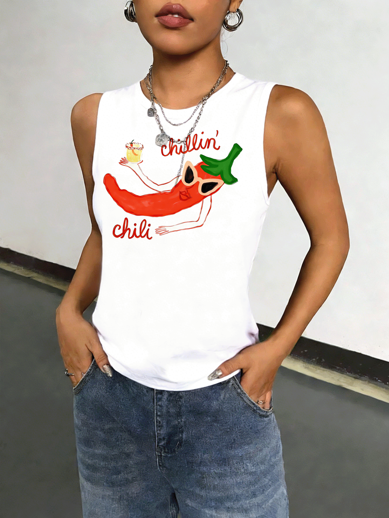 White Graphic Print Sleeveless Tank Top