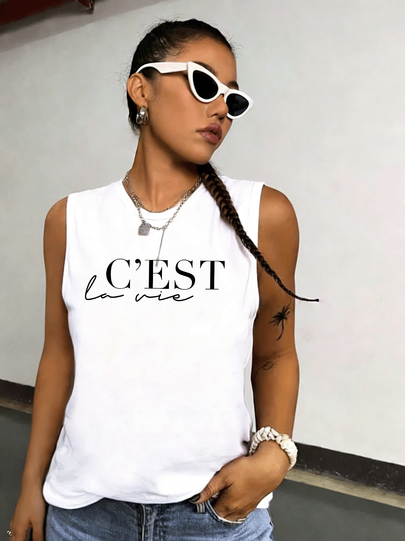White Graphic Print Tank Top