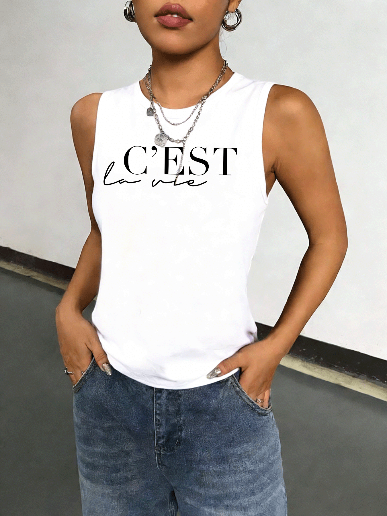 White Graphic Print Tank Top