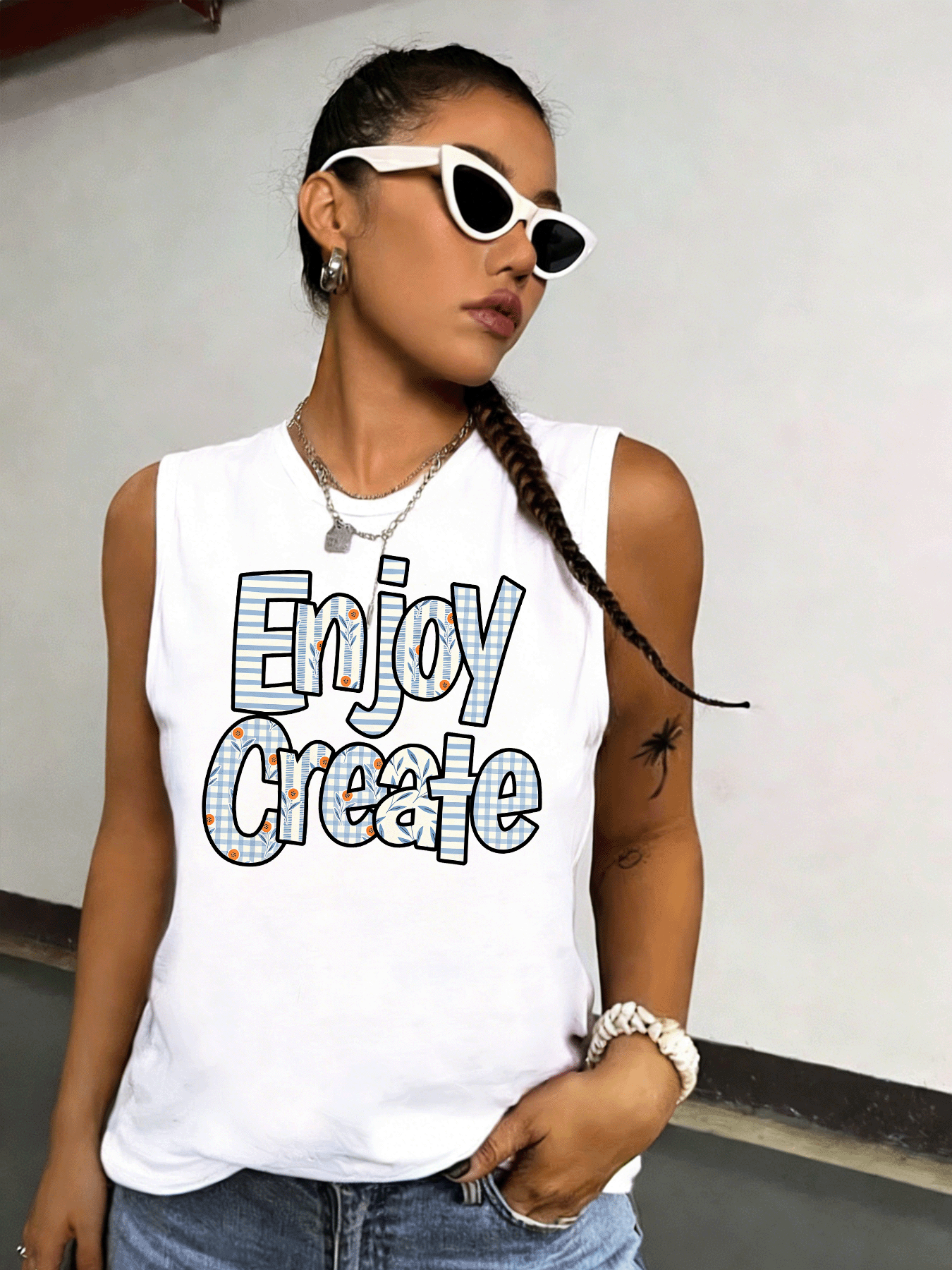 White Graphic Print Tank Top