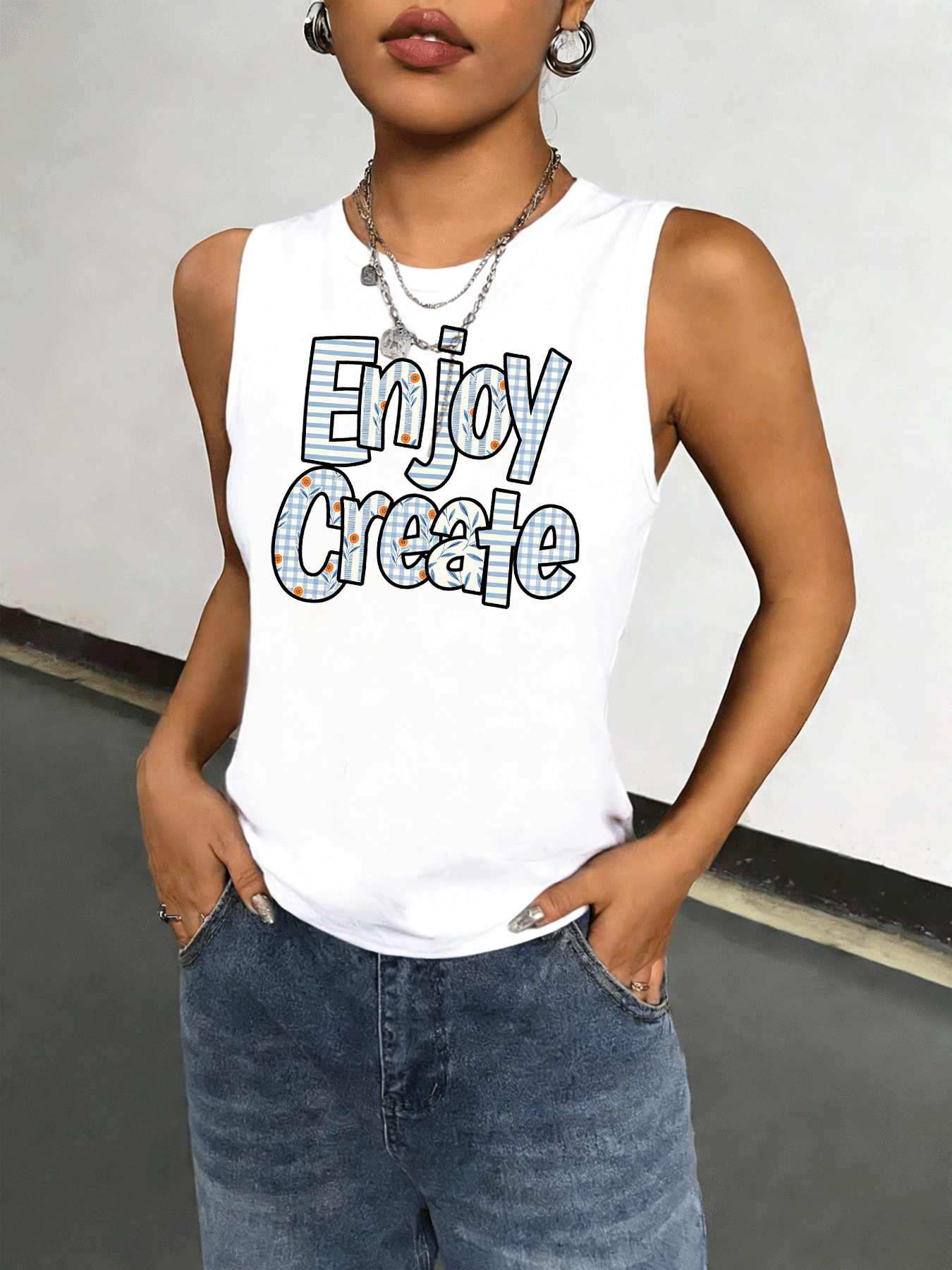 White Graphic Print Tank Top