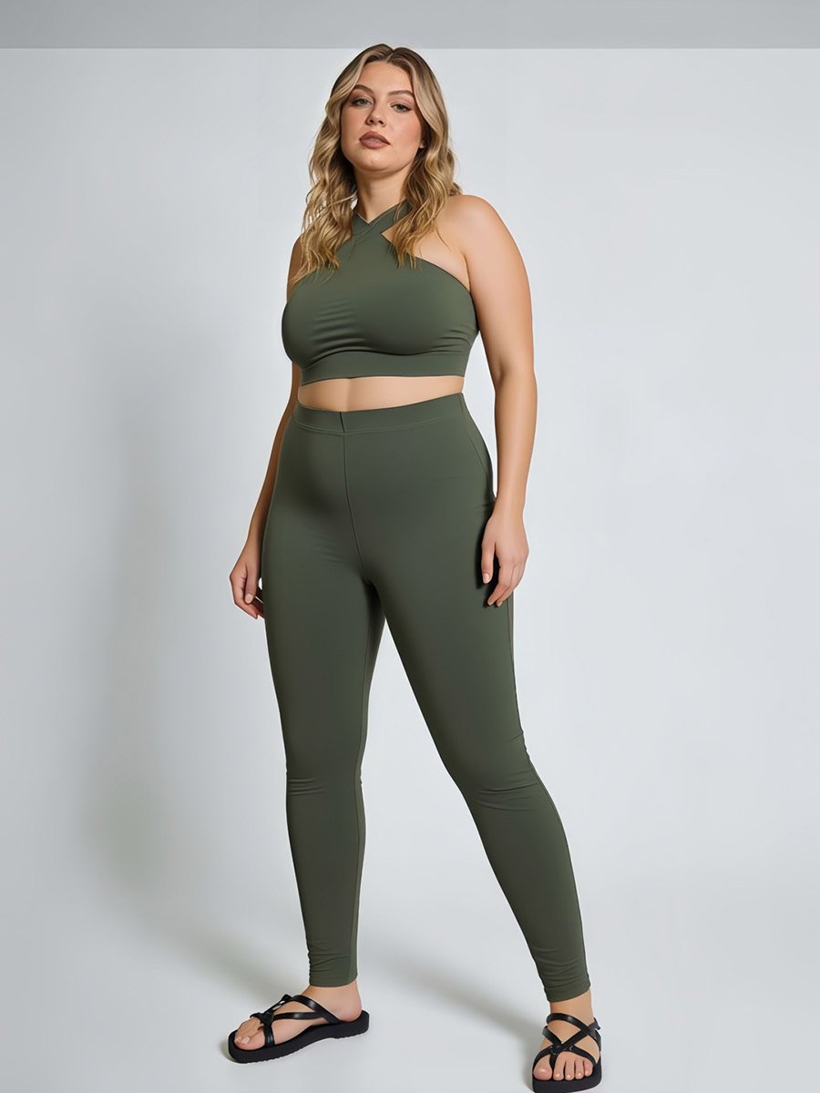 Plus Size Green Solid Leggings