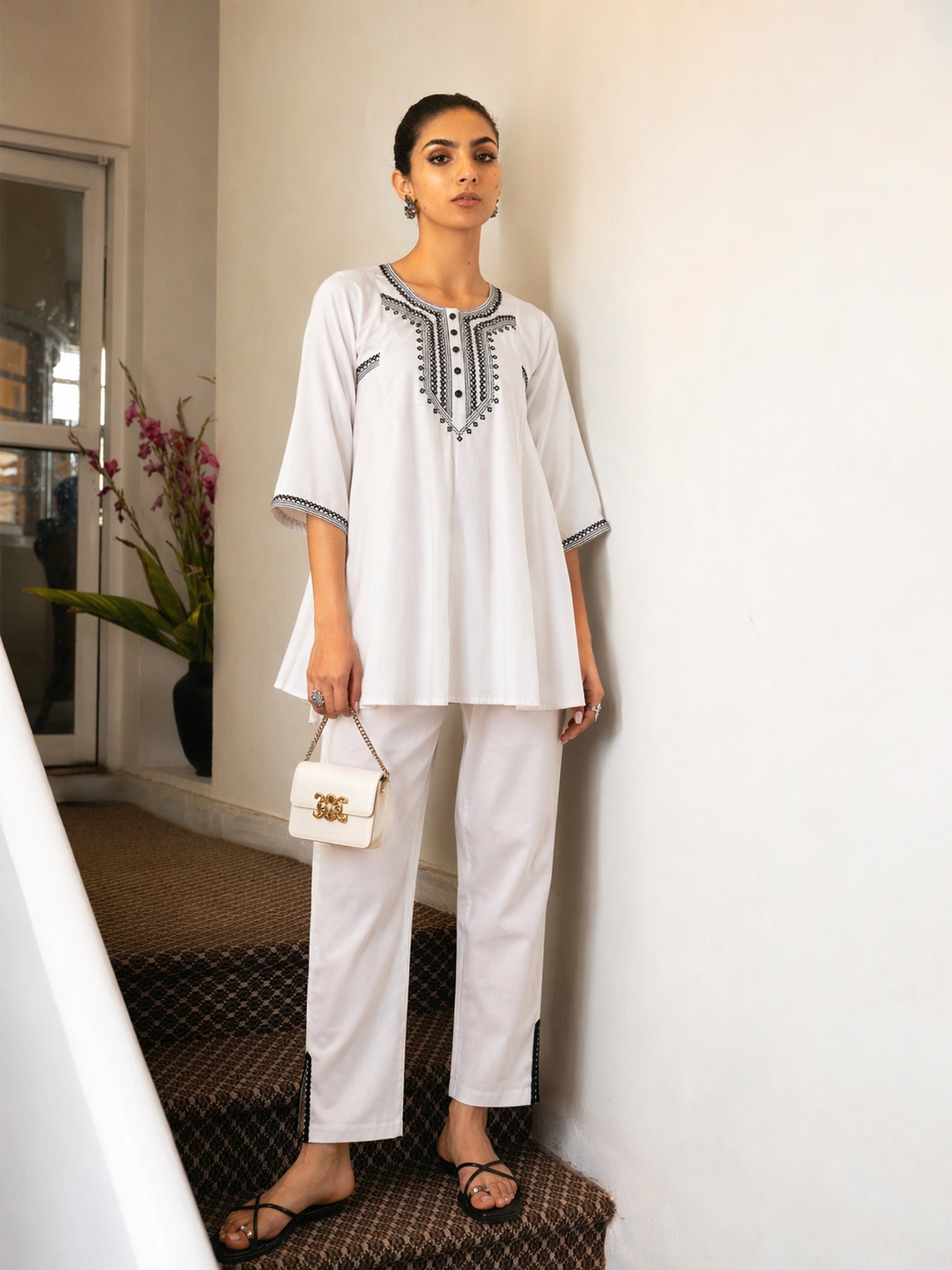 White Embroidered Choga Kurta and Pencil Pants Set