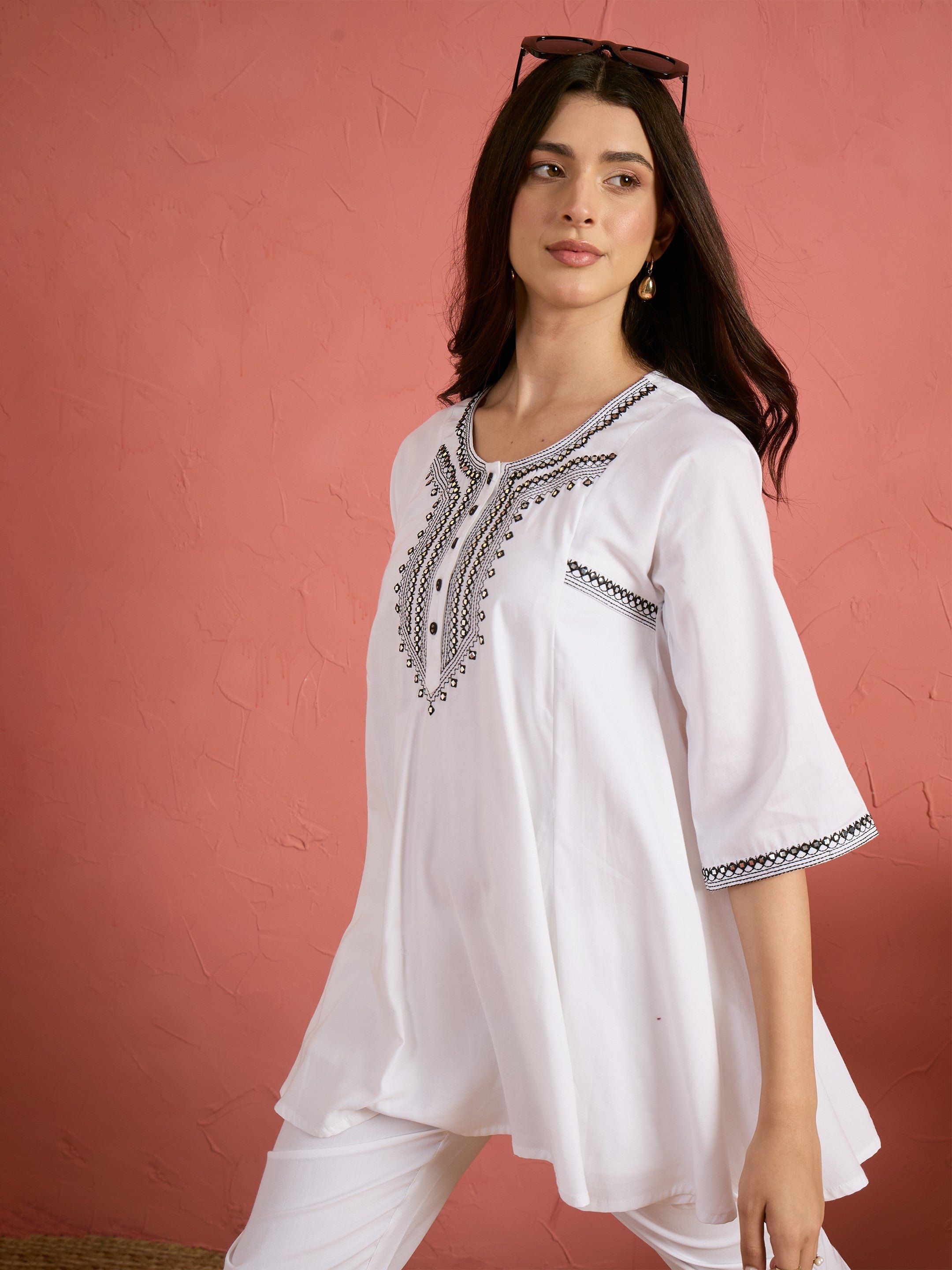 White Embroidered Choga Kurta and Pencil Pants Set