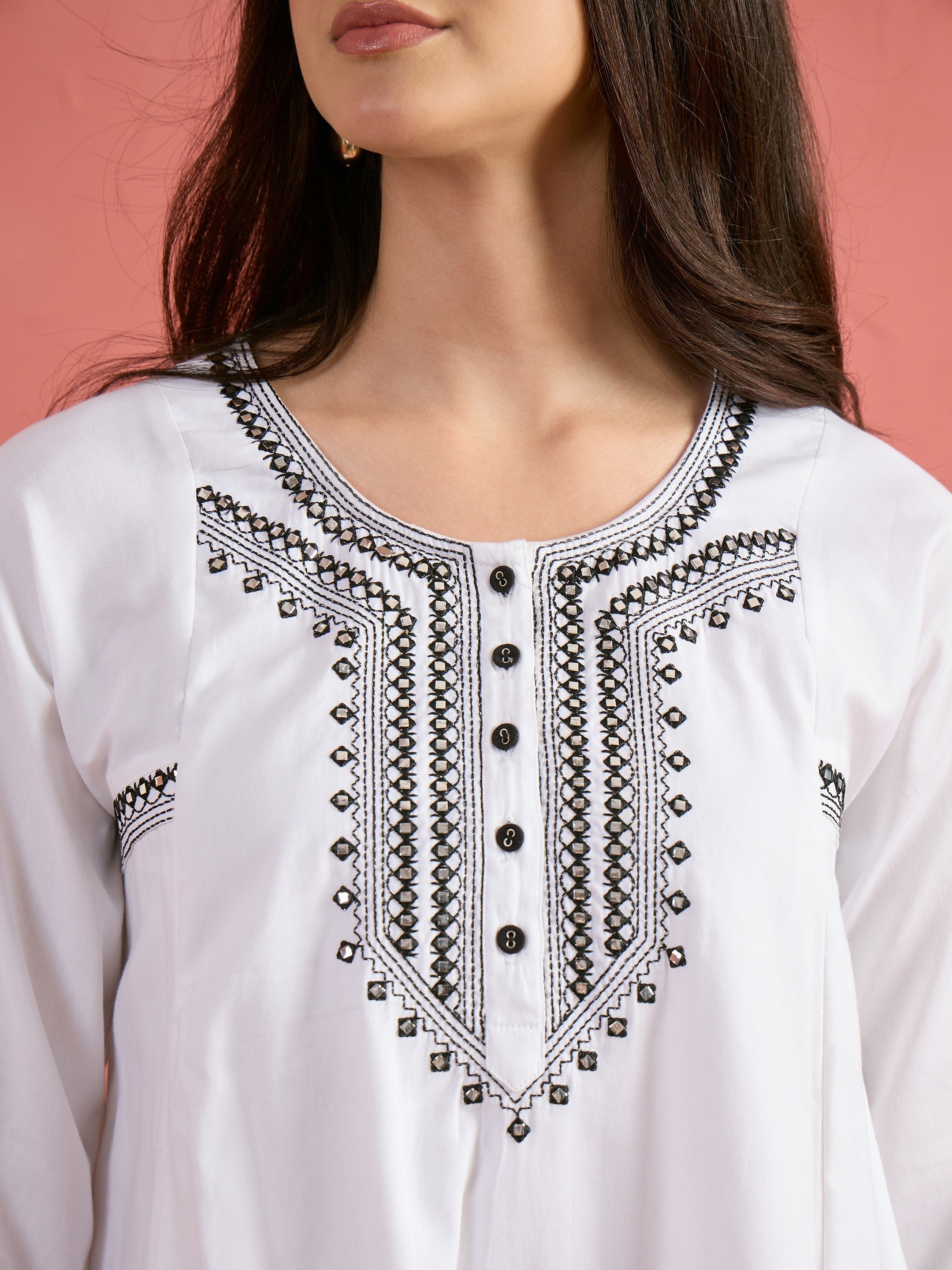 White Embroidered Choga Kurta and Pencil Pants Set
