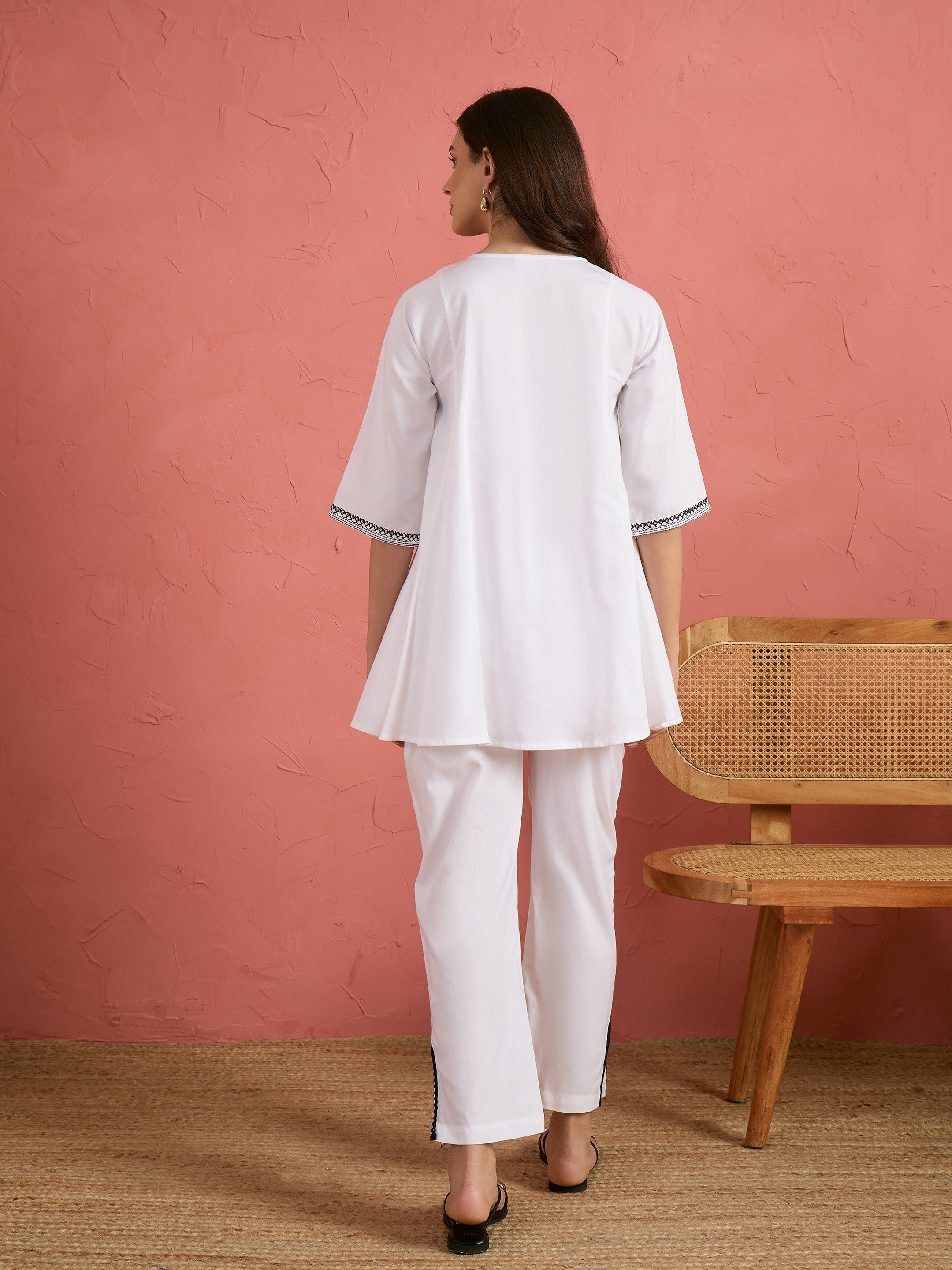 White Embroidered Choga Kurta and Pencil Pants Set