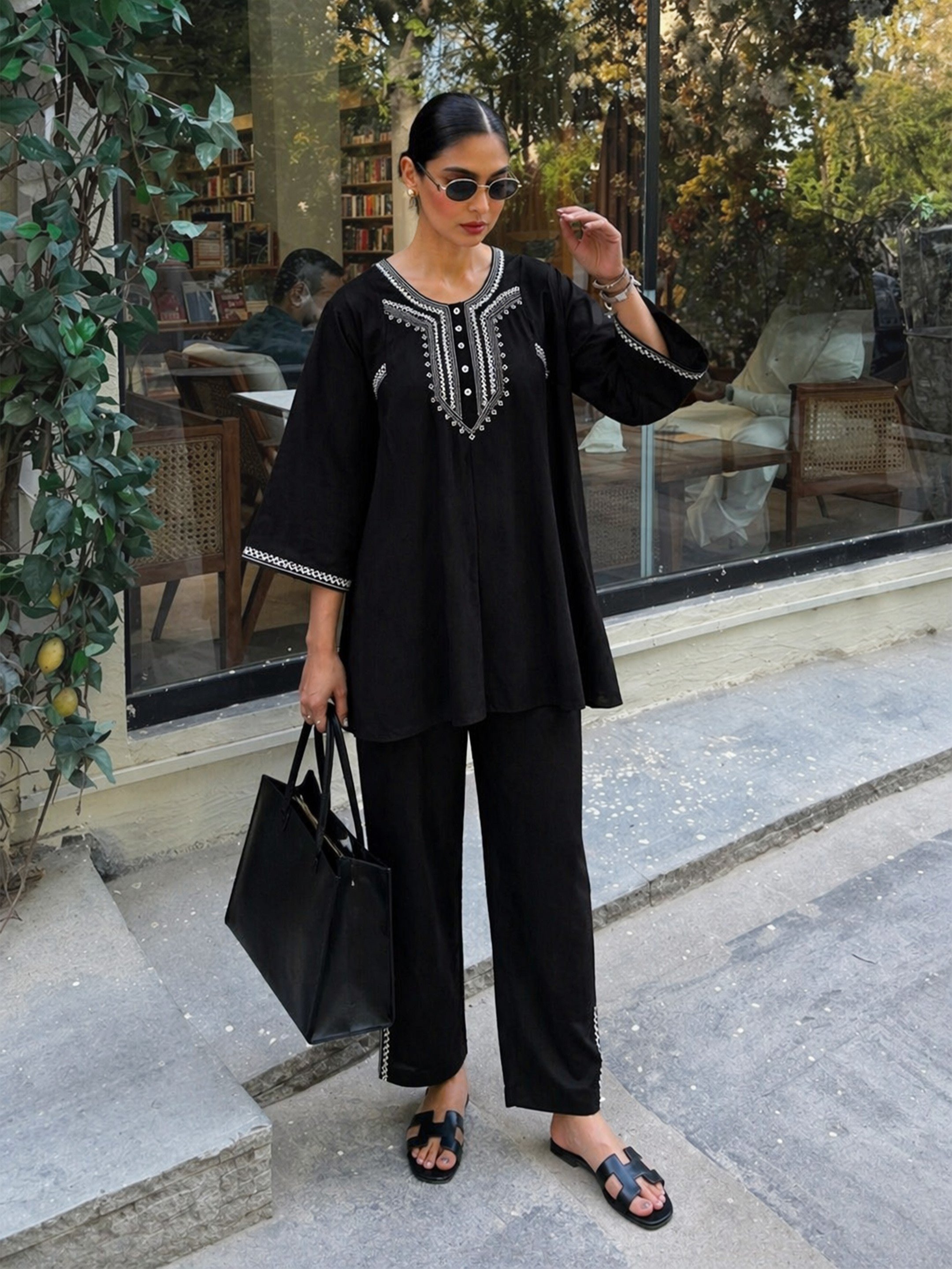 Black Embroidered Choga Kurta and Pencil Pants Set