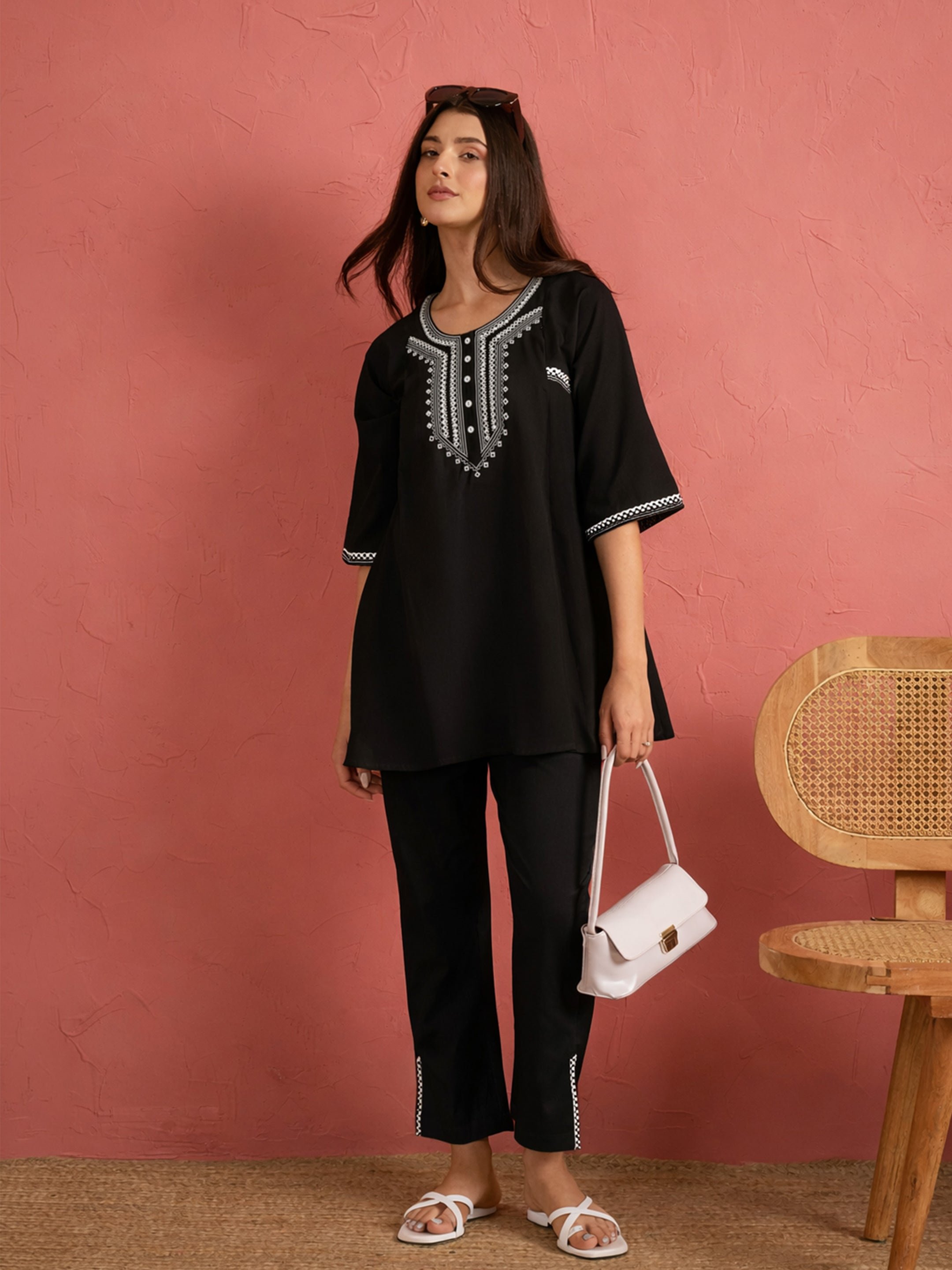 Black Embroidered Choga Kurta and Pencil Pants Set