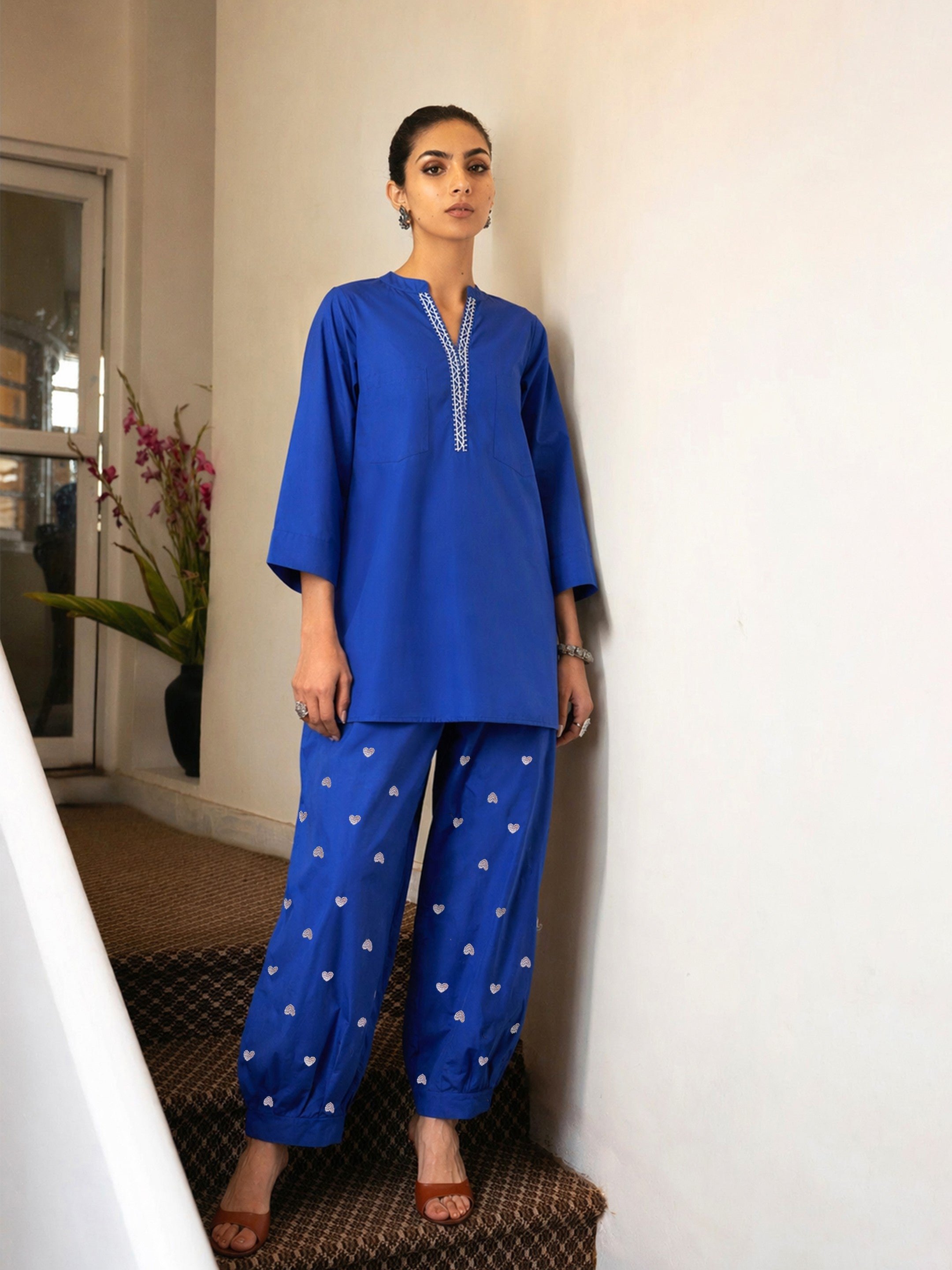 Royal Blue Embroidered Kurta and Straight Pants Set