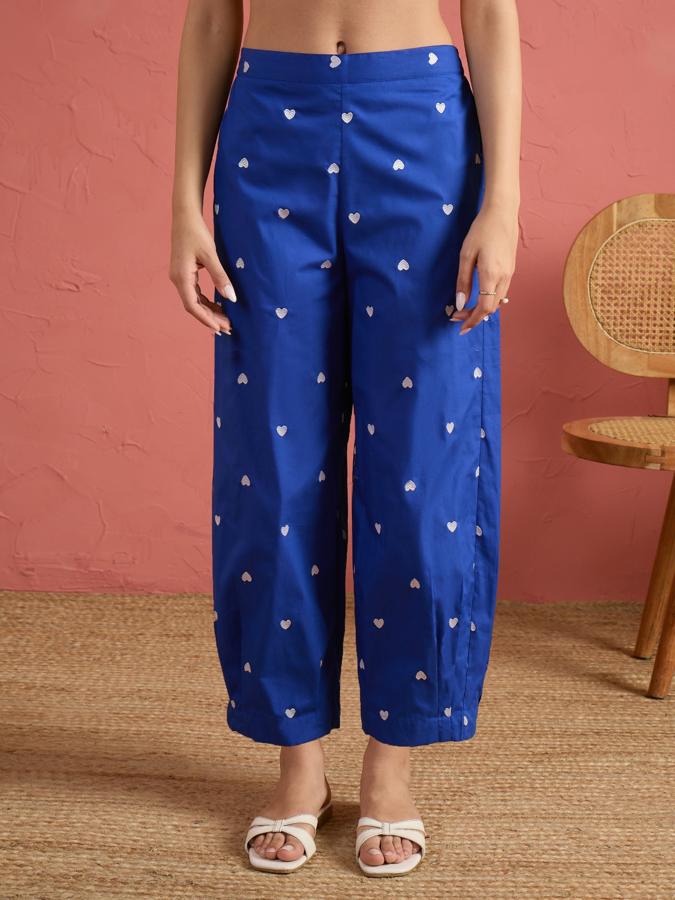 Royal Blue Embroidered Kurta and Straight Pants Set