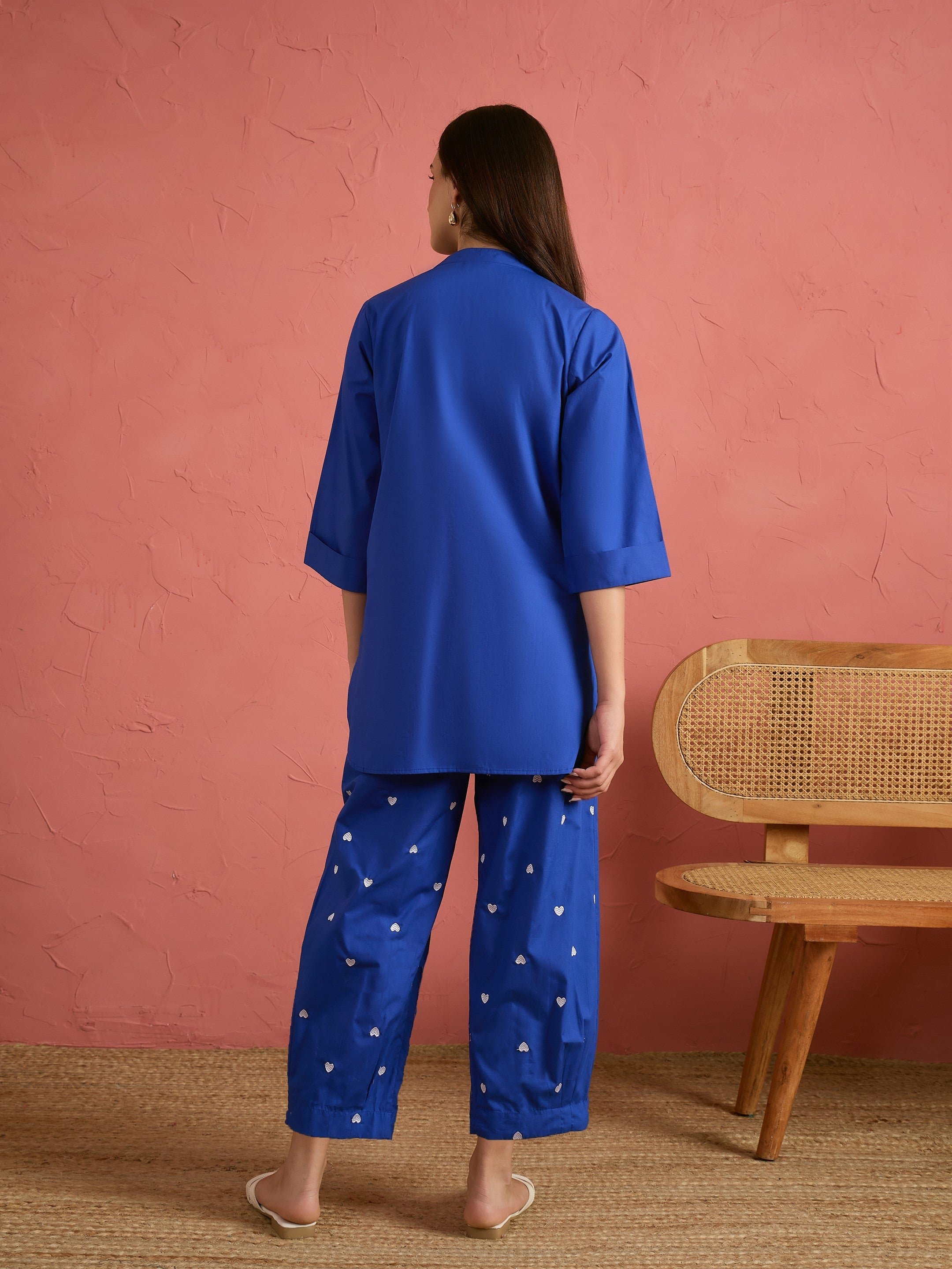 Royal Blue Embroidered Kurta and Straight Pants Set