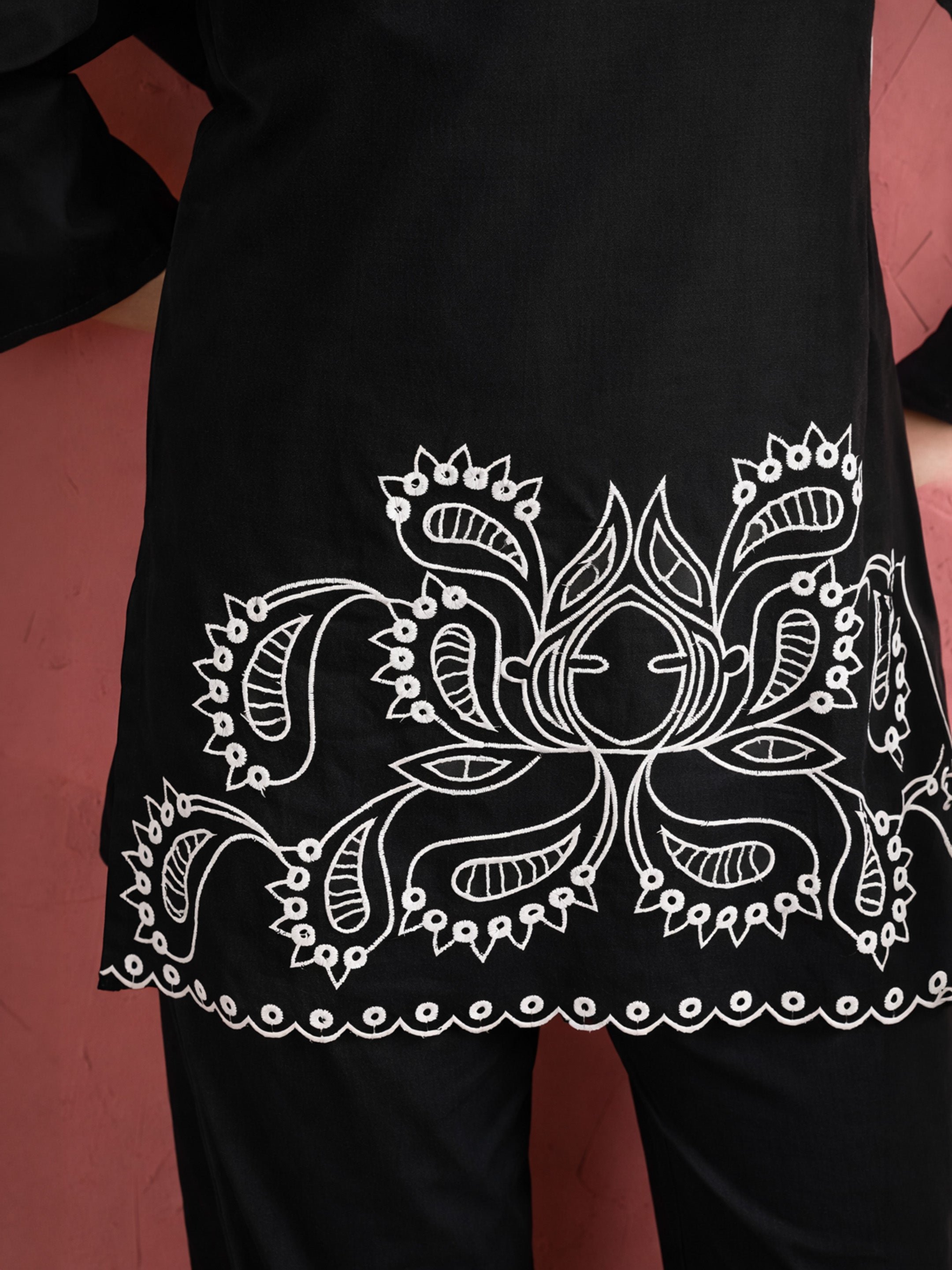 Black Embroidered Kurta and Straight Pants Set