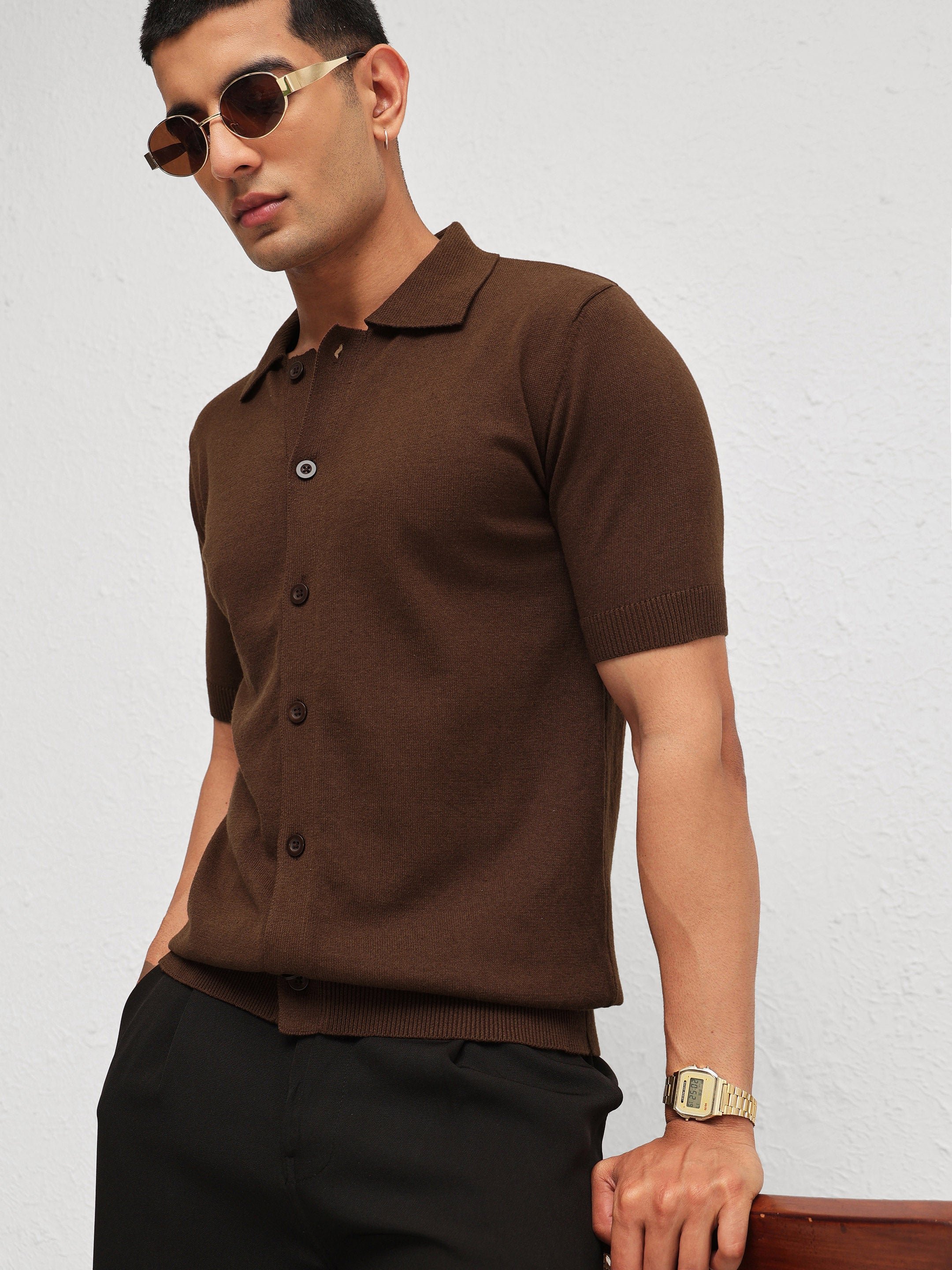 Men Brown Front Button Knitted Polo Shirt