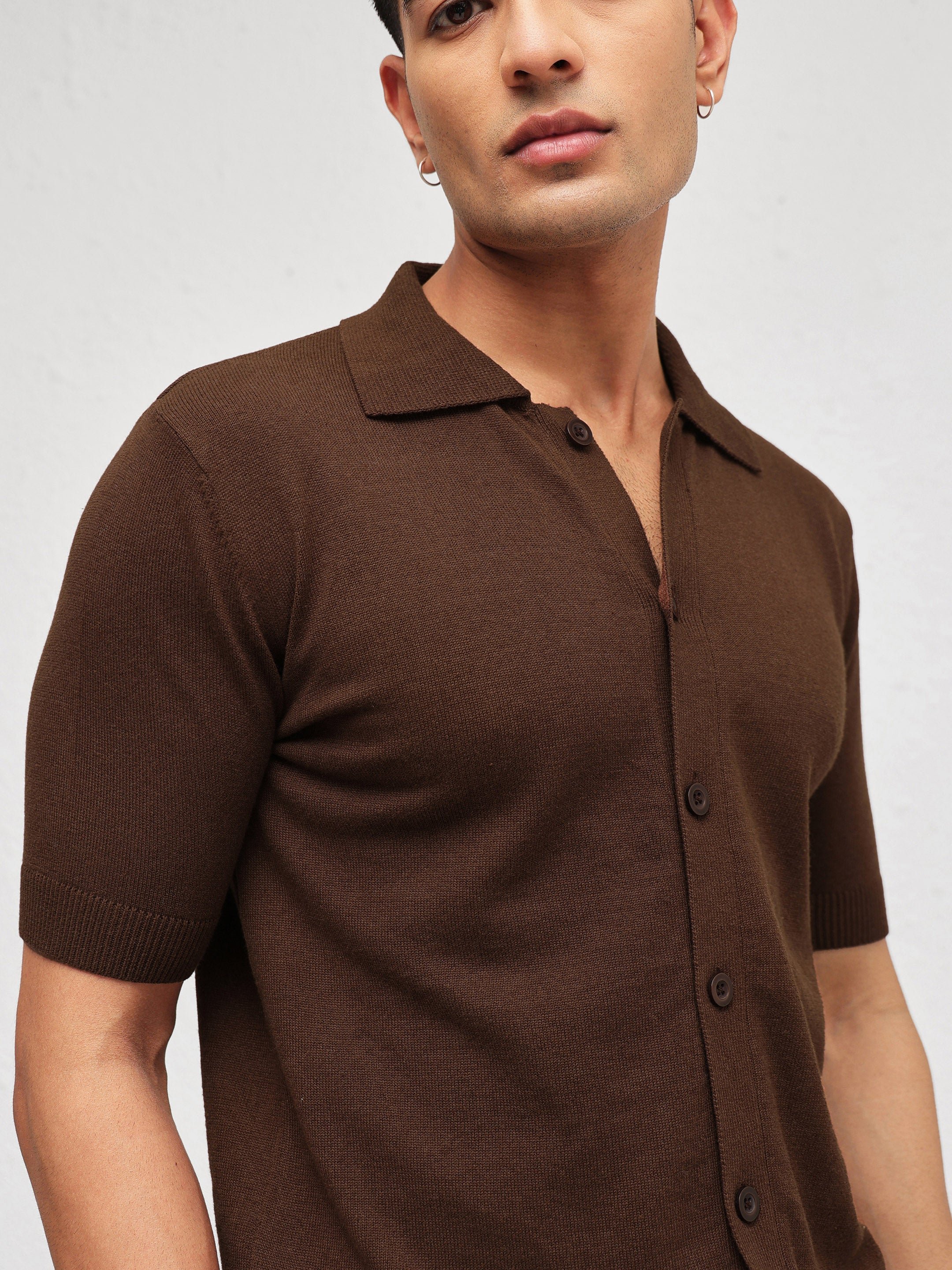 Men Brown Front Button Knitted Polo Shirt
