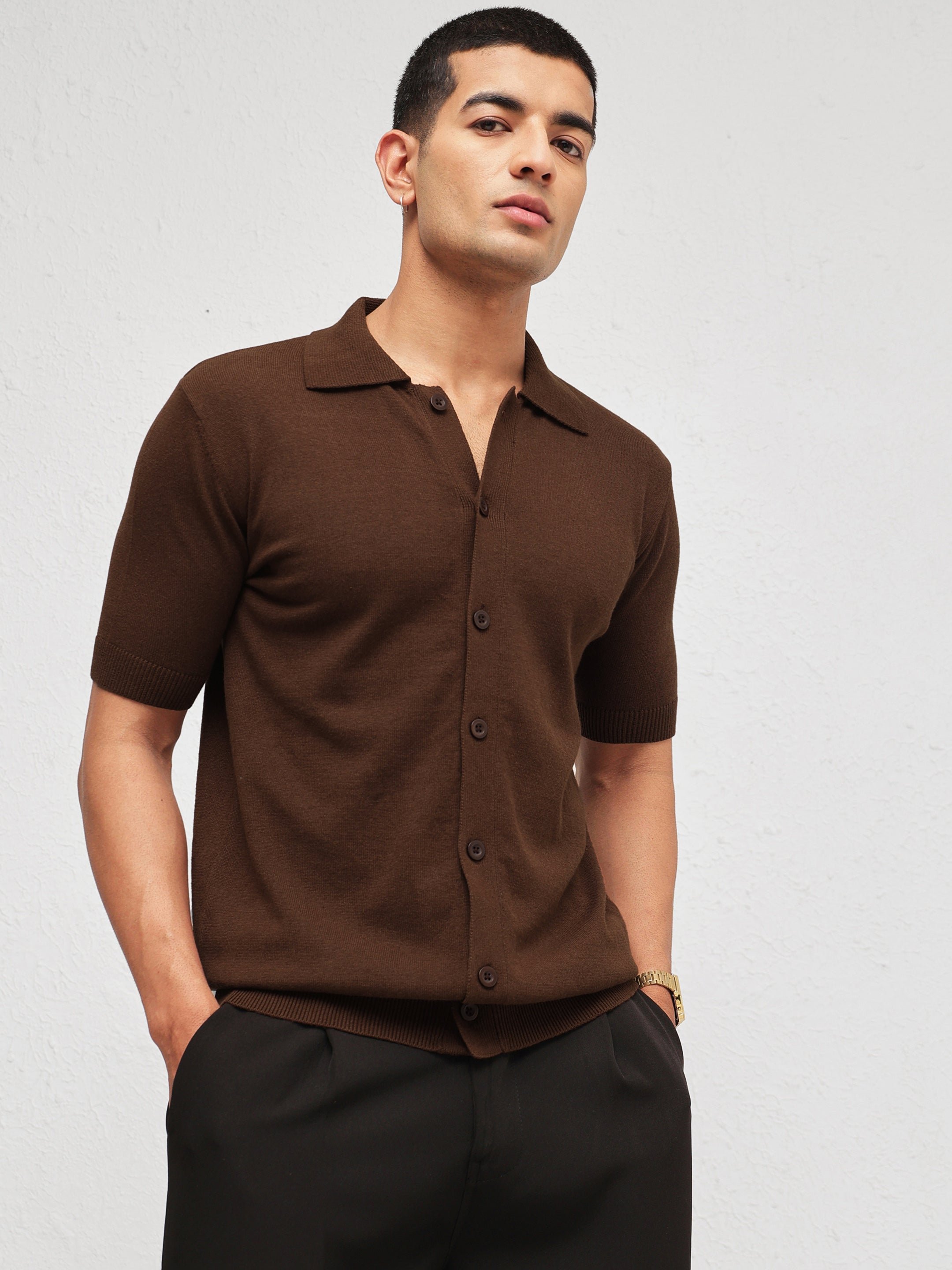 Men Brown Front Button Knitted Polo Shirt