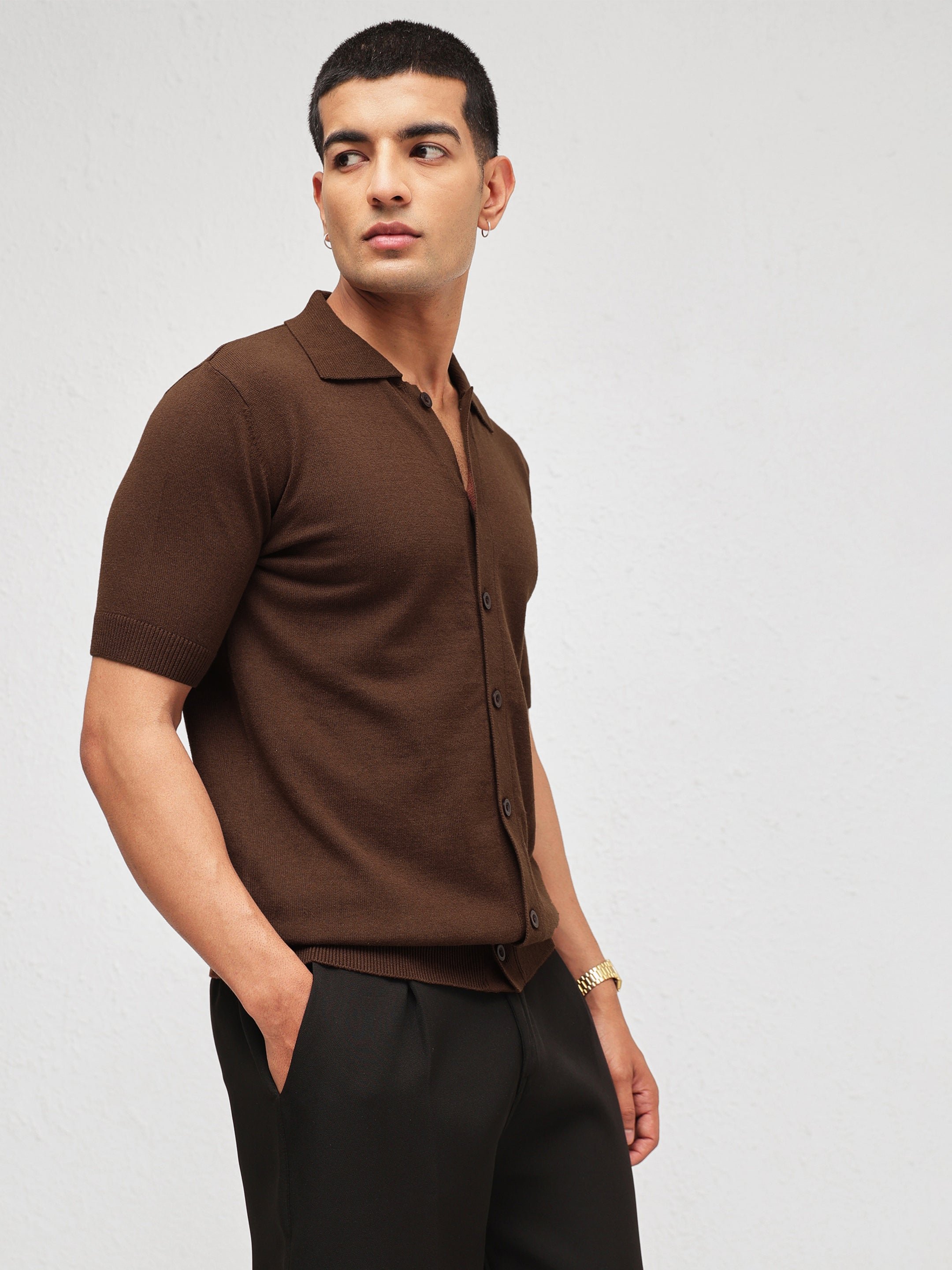Men Brown Front Button Knitted Polo Shirt
