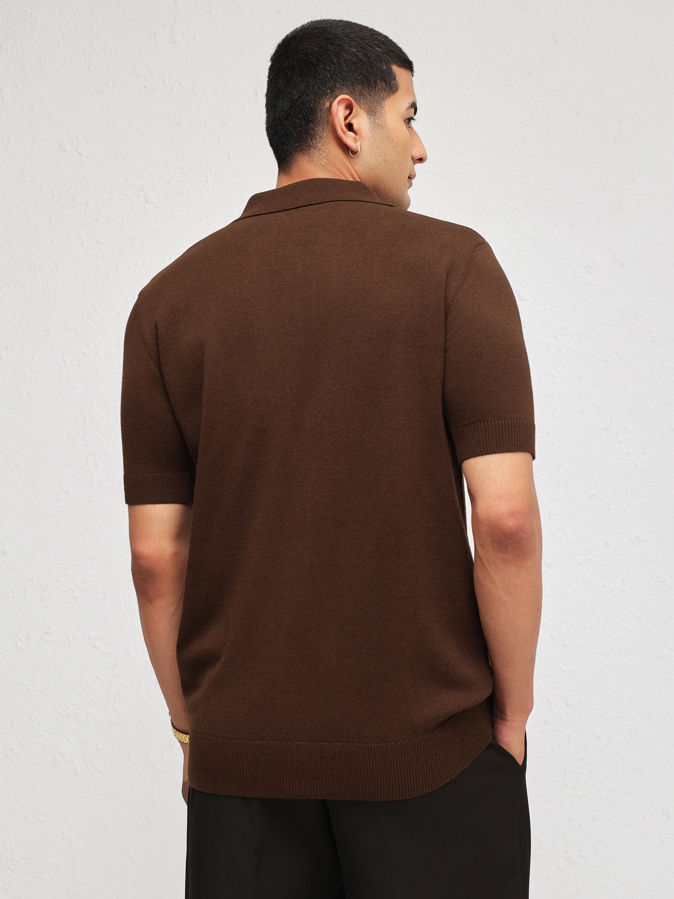 Men Brown Front Button Knitted Polo Shirt