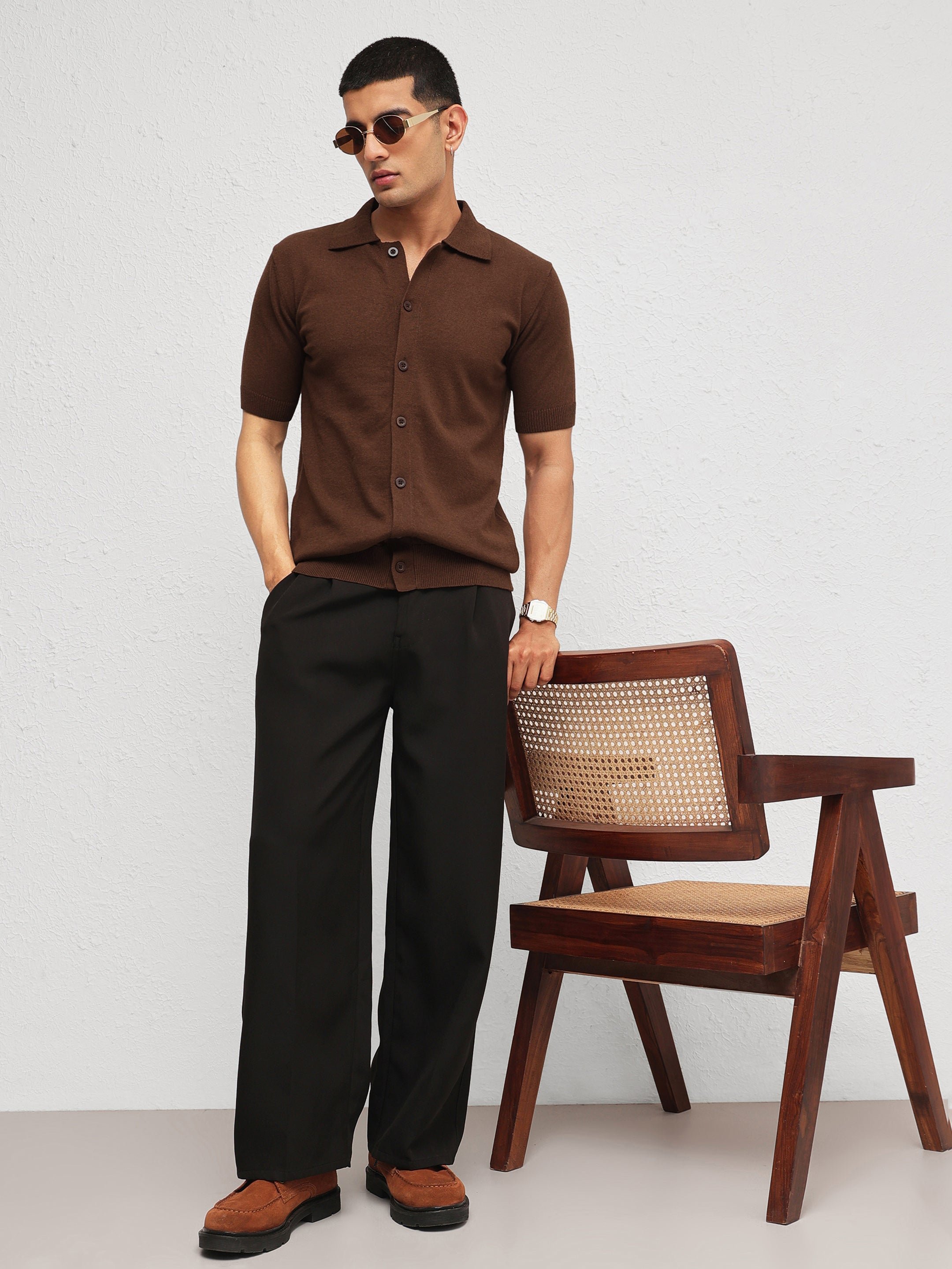 Men Brown Front Button Knitted Polo Shirt
