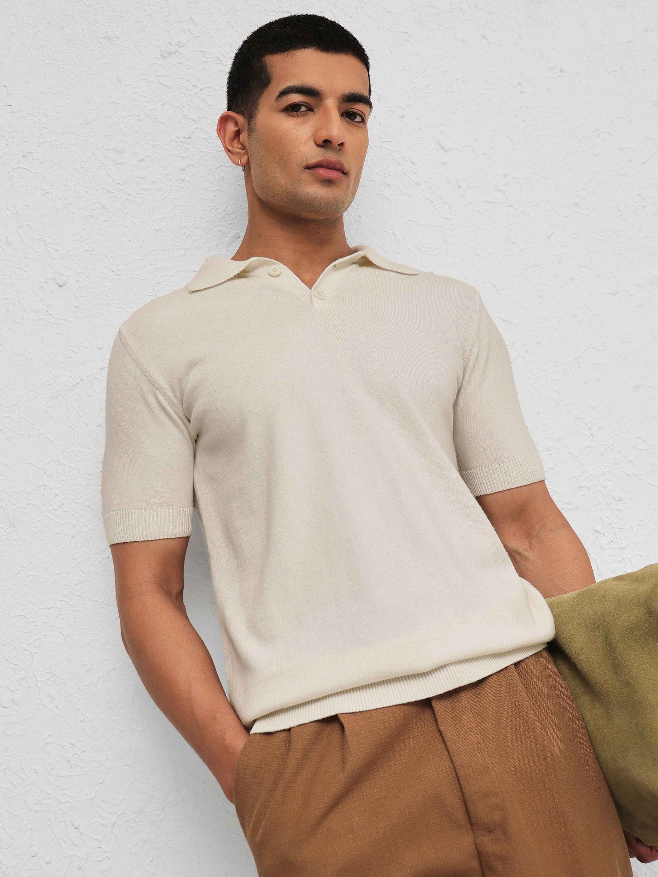 Men Off White Relaxed Fit Knitted Polo T-Shirt