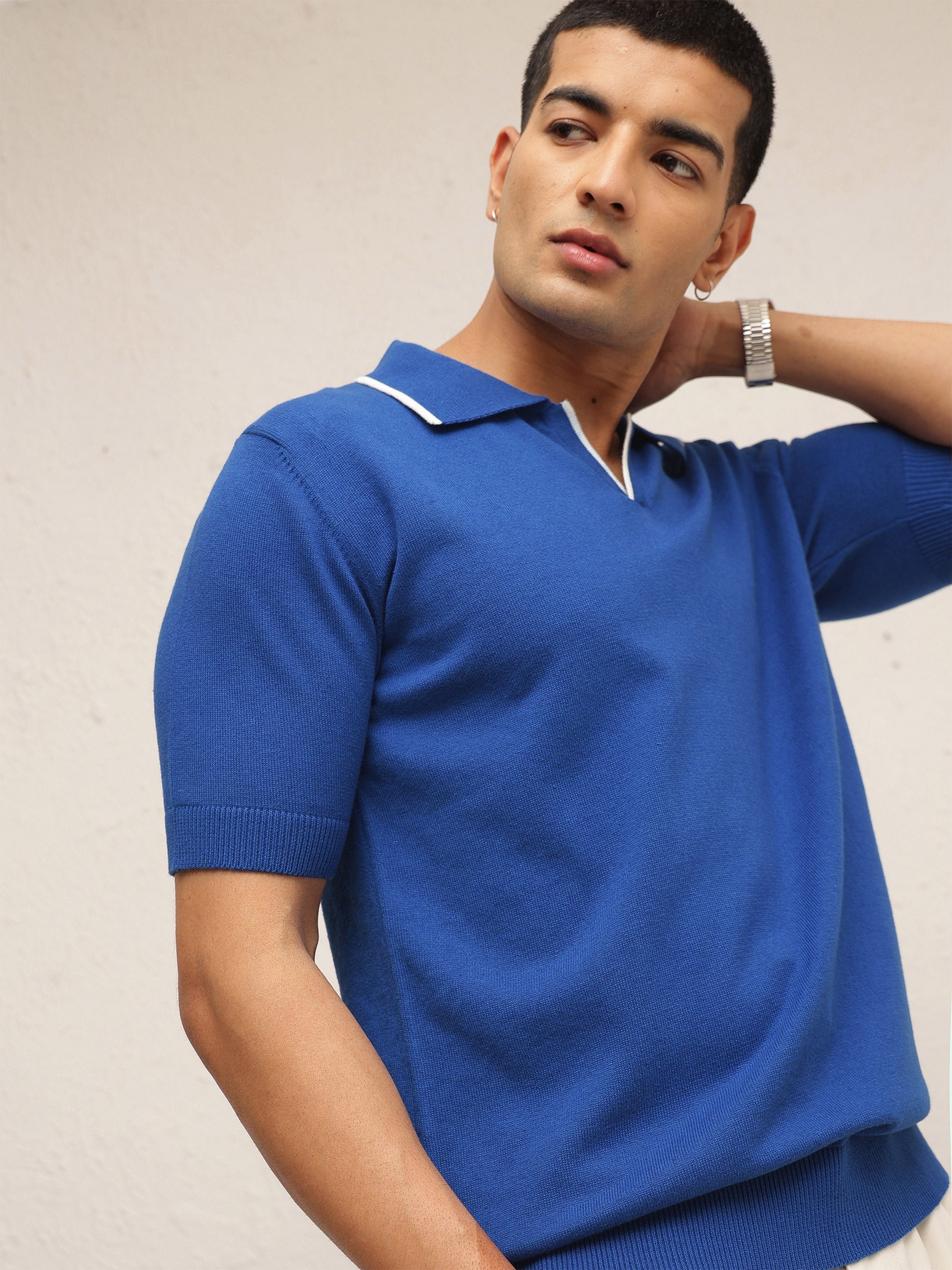 Men Blue Relaxed Fit Knitted Polo T-Shirt