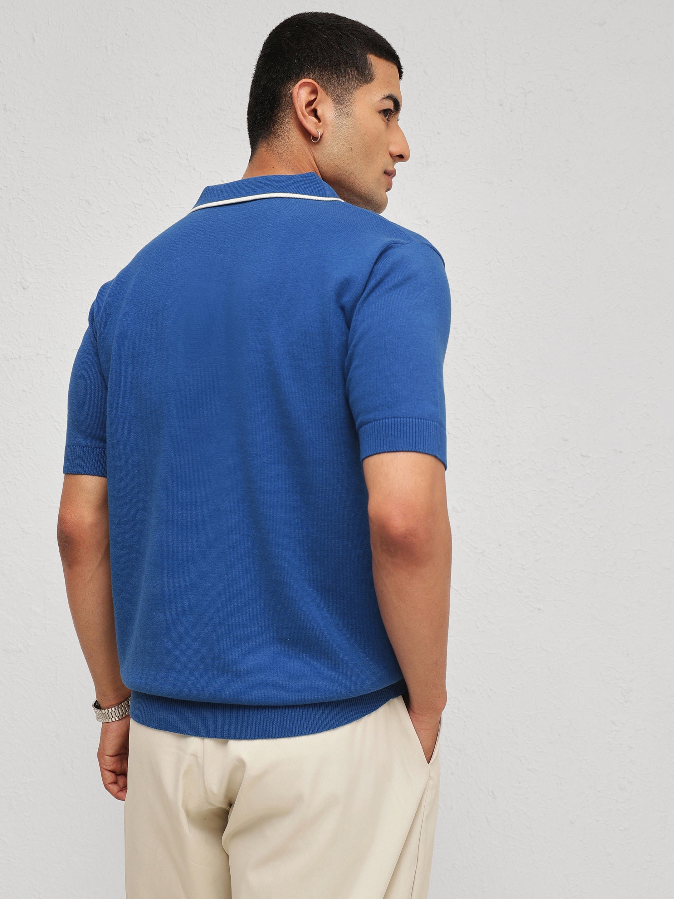 Men Blue Relaxed Fit Knitted Polo T-Shirt
