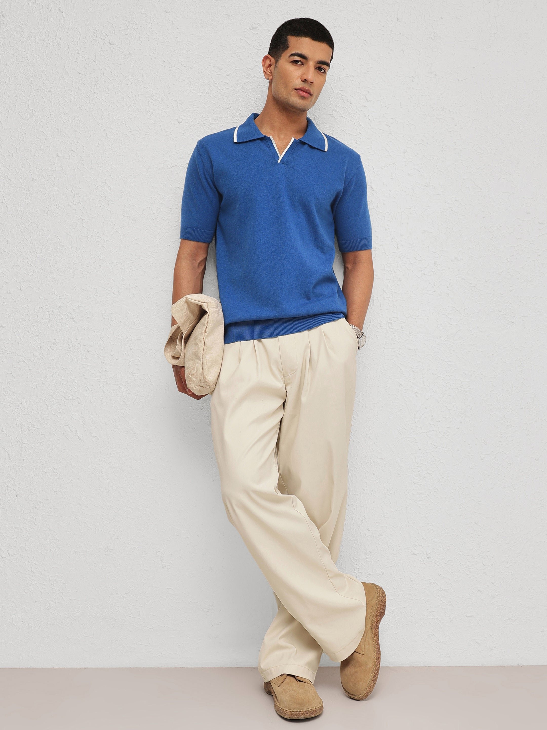 Men Blue Relaxed Fit Knitted Polo T-Shirt