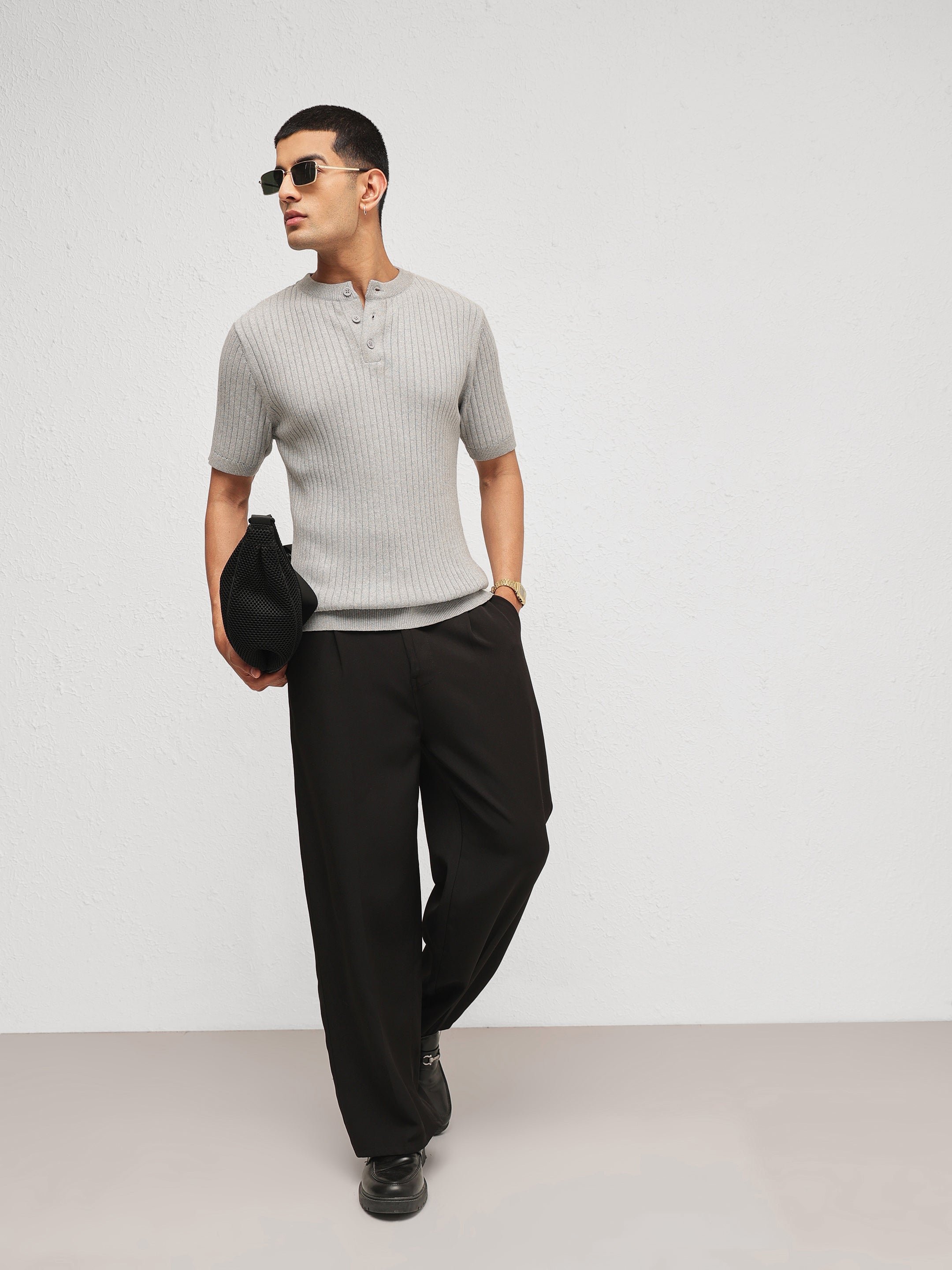 Men Grey Rib Relaxed Fit Henley T-Shirt