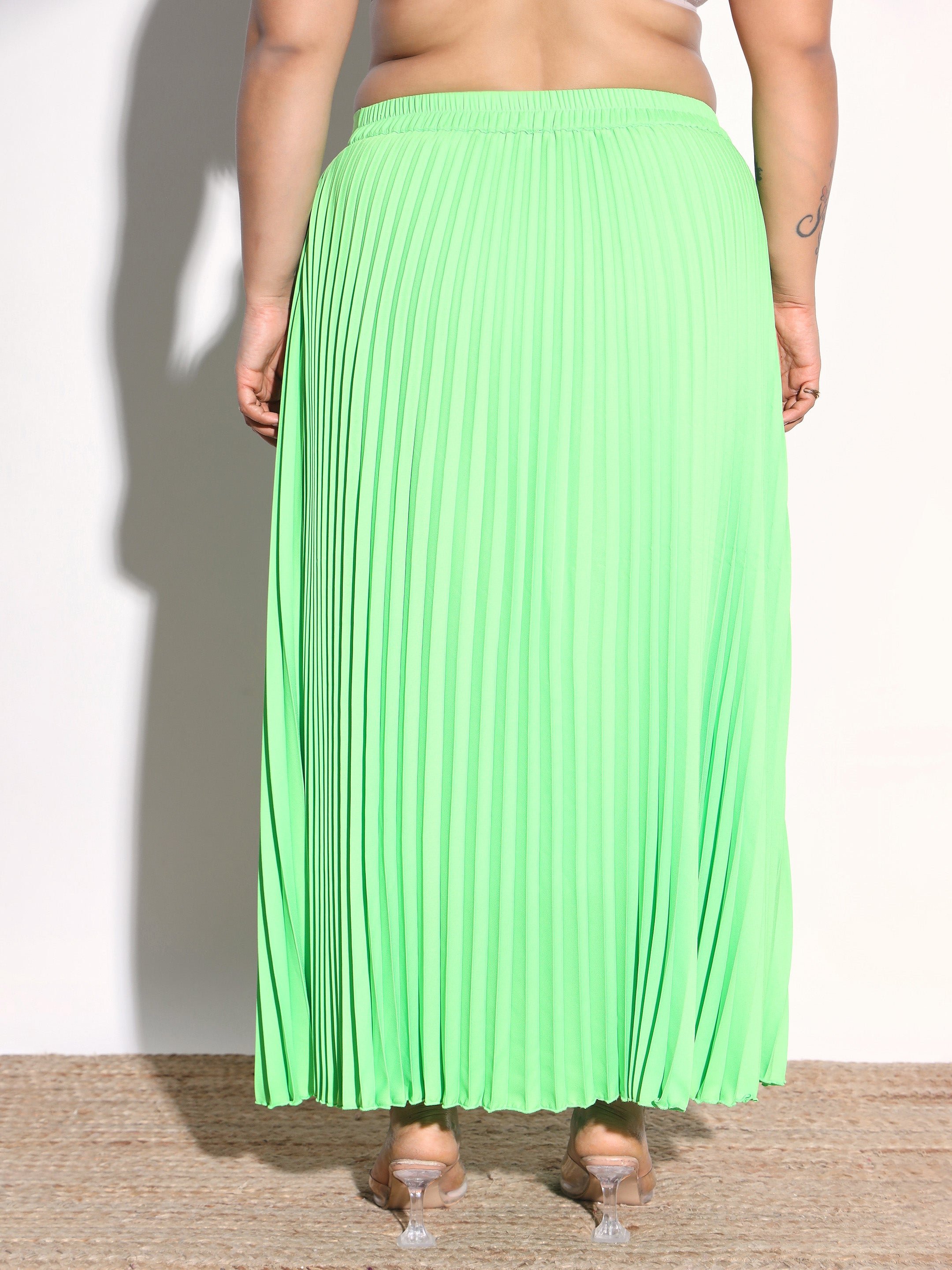 Plus Size Neon Green Solid Accordion Pleated Maxi Skirt
