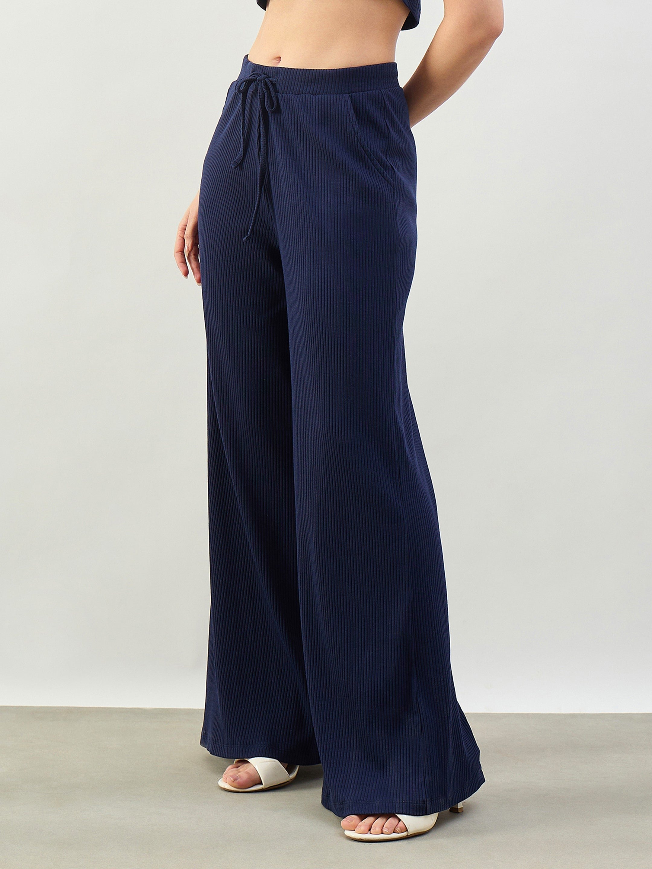 Navy Blue Drawstring Ribbed Knit Pants