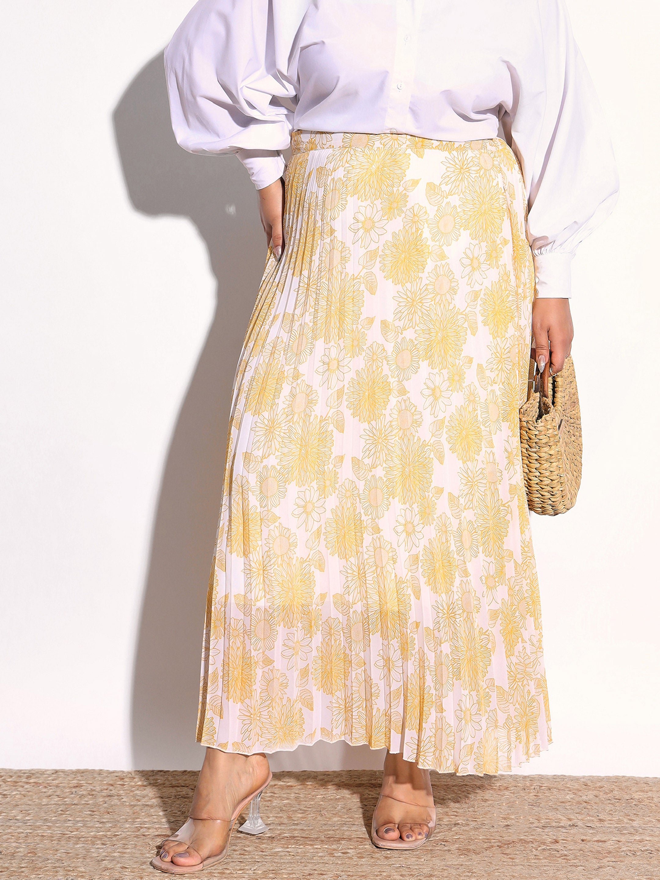Plus Size Yellow Floral Print Accordion Pleated Maxi Skirt 