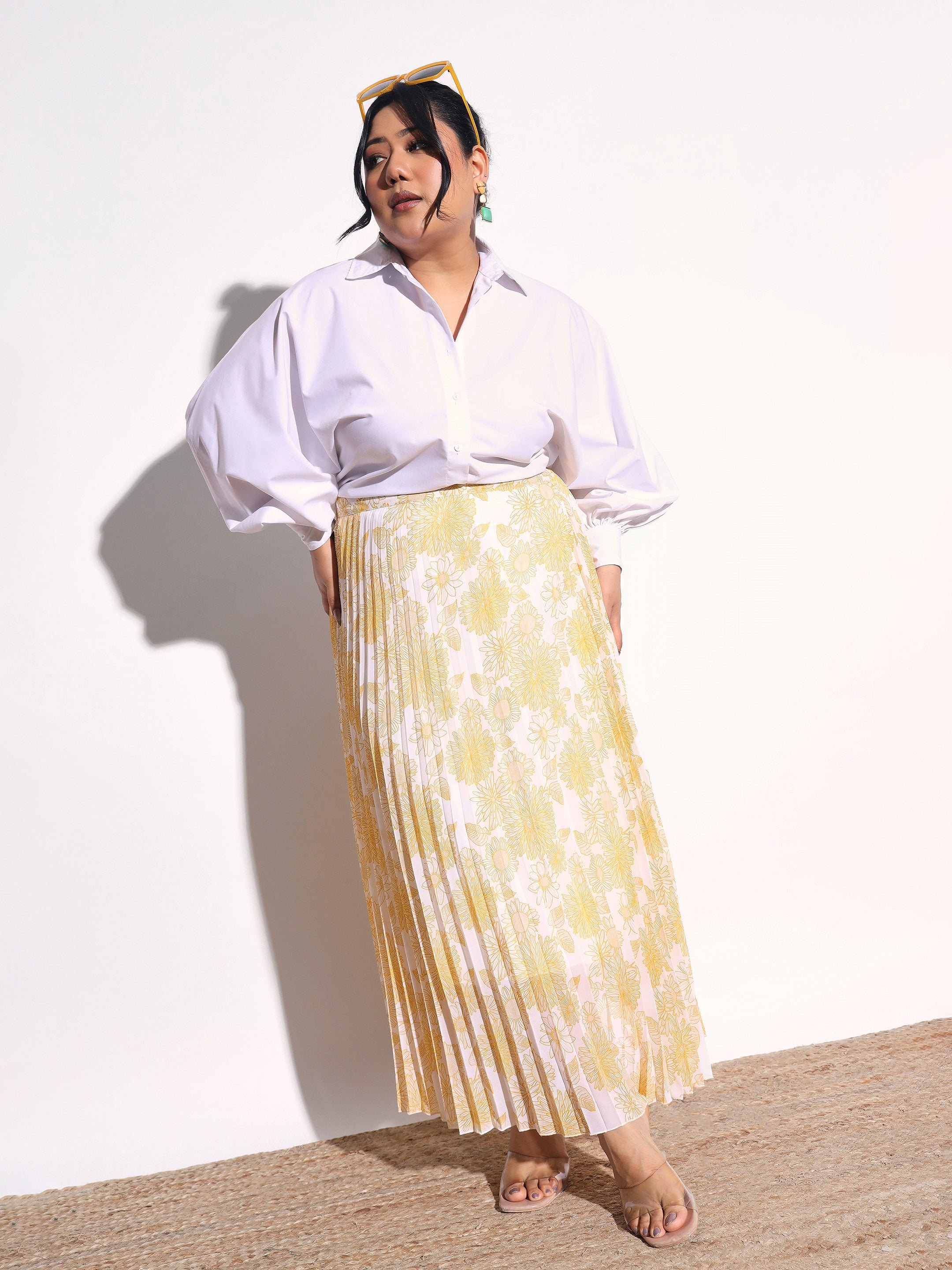 Plus Size Yellow Floral Print Accordion Pleated Maxi Skirt 