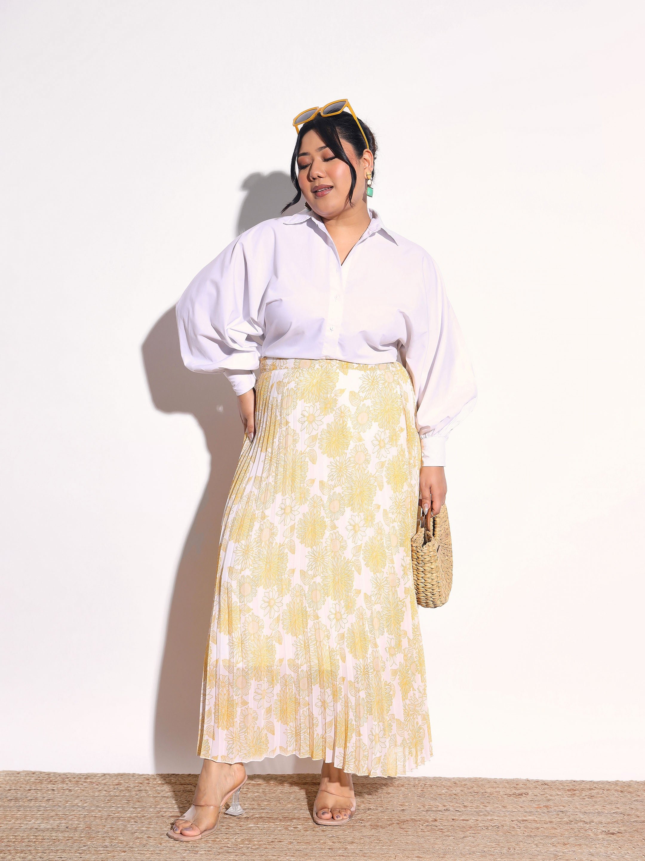 Plus Size Yellow Floral Print Accordion Pleated Maxi Skirt 