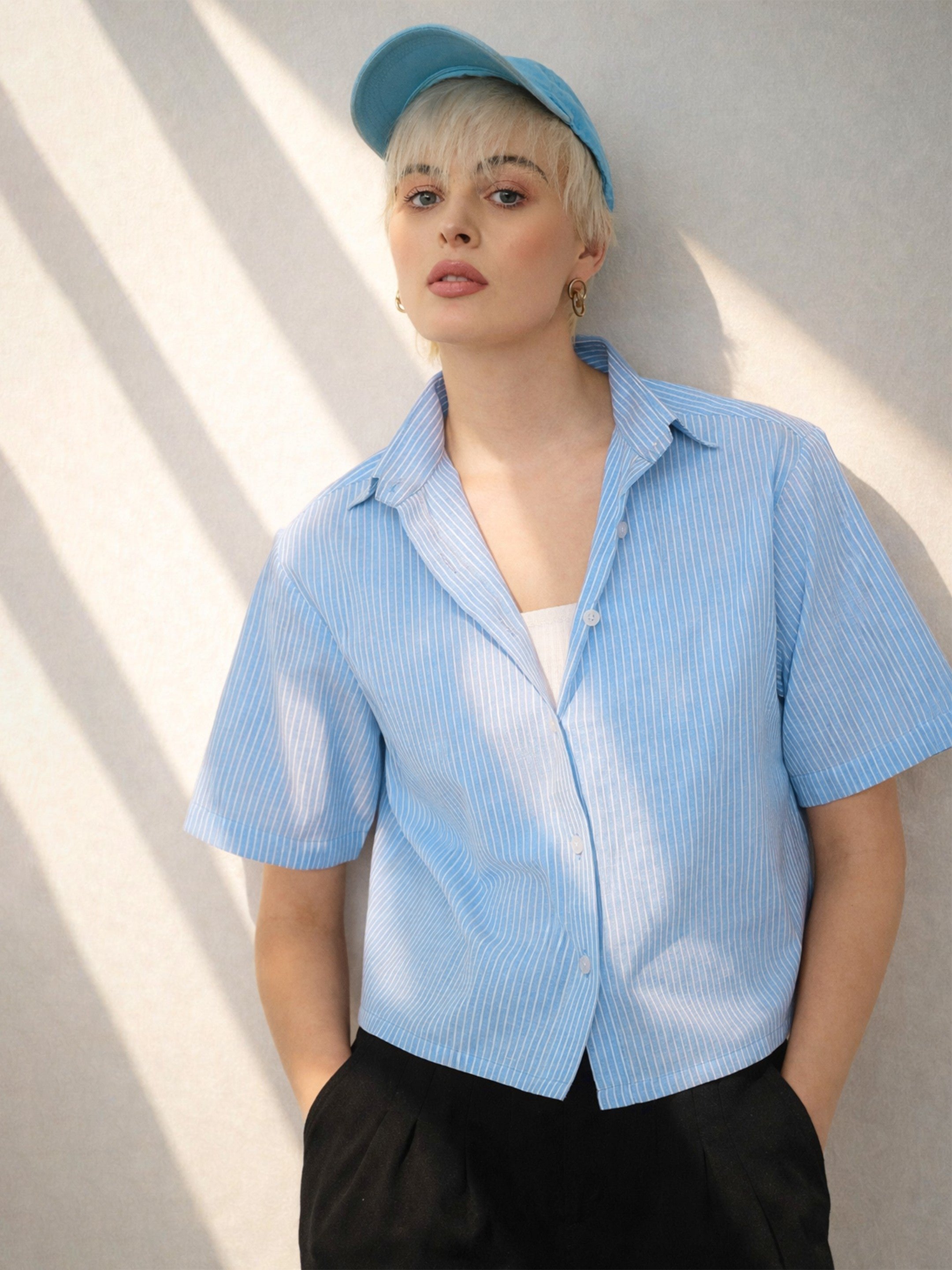Blue Striped Short Sleeves Crop Shirt