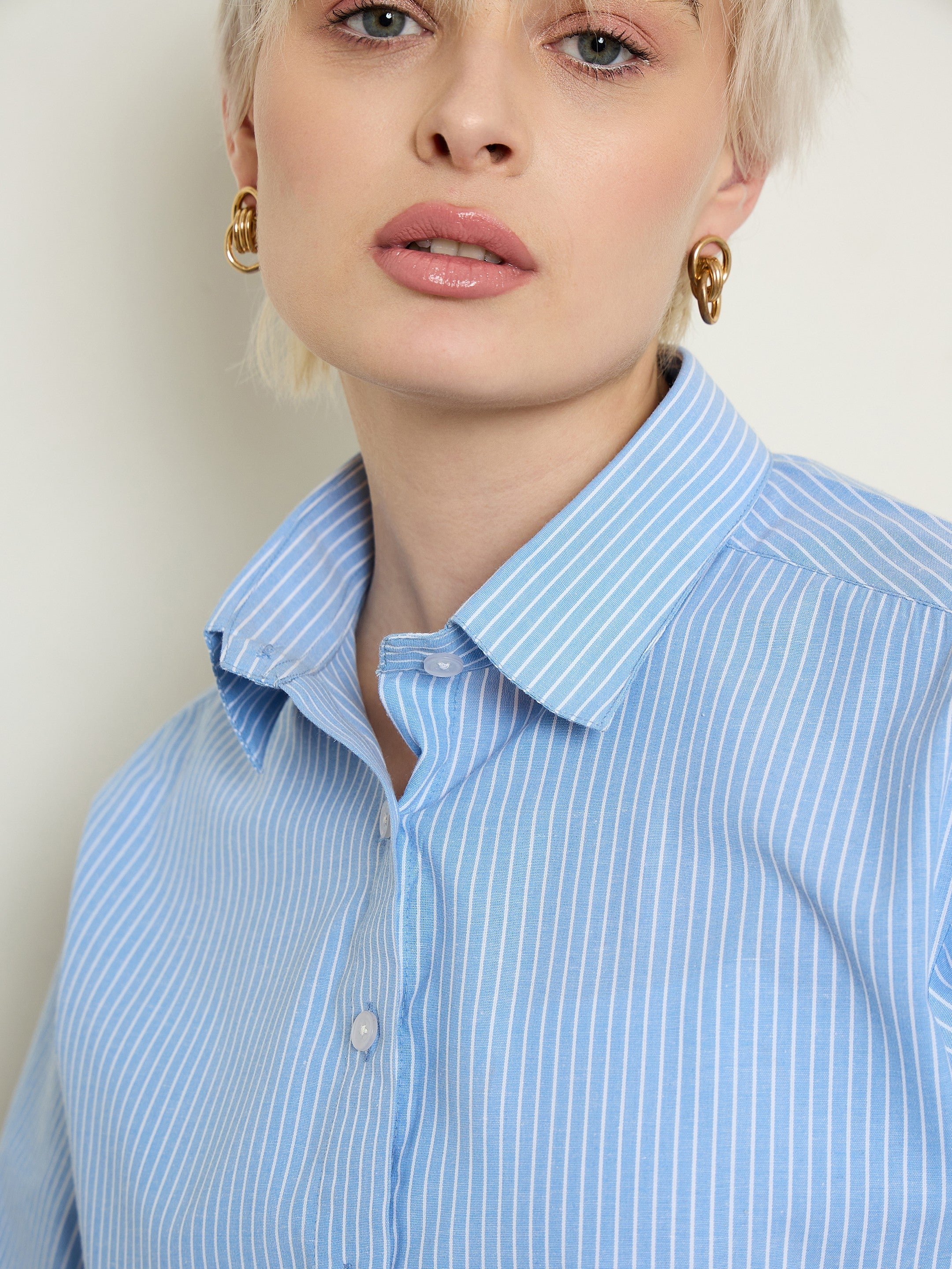 Blue Striped Short Sleeves Crop Shirt