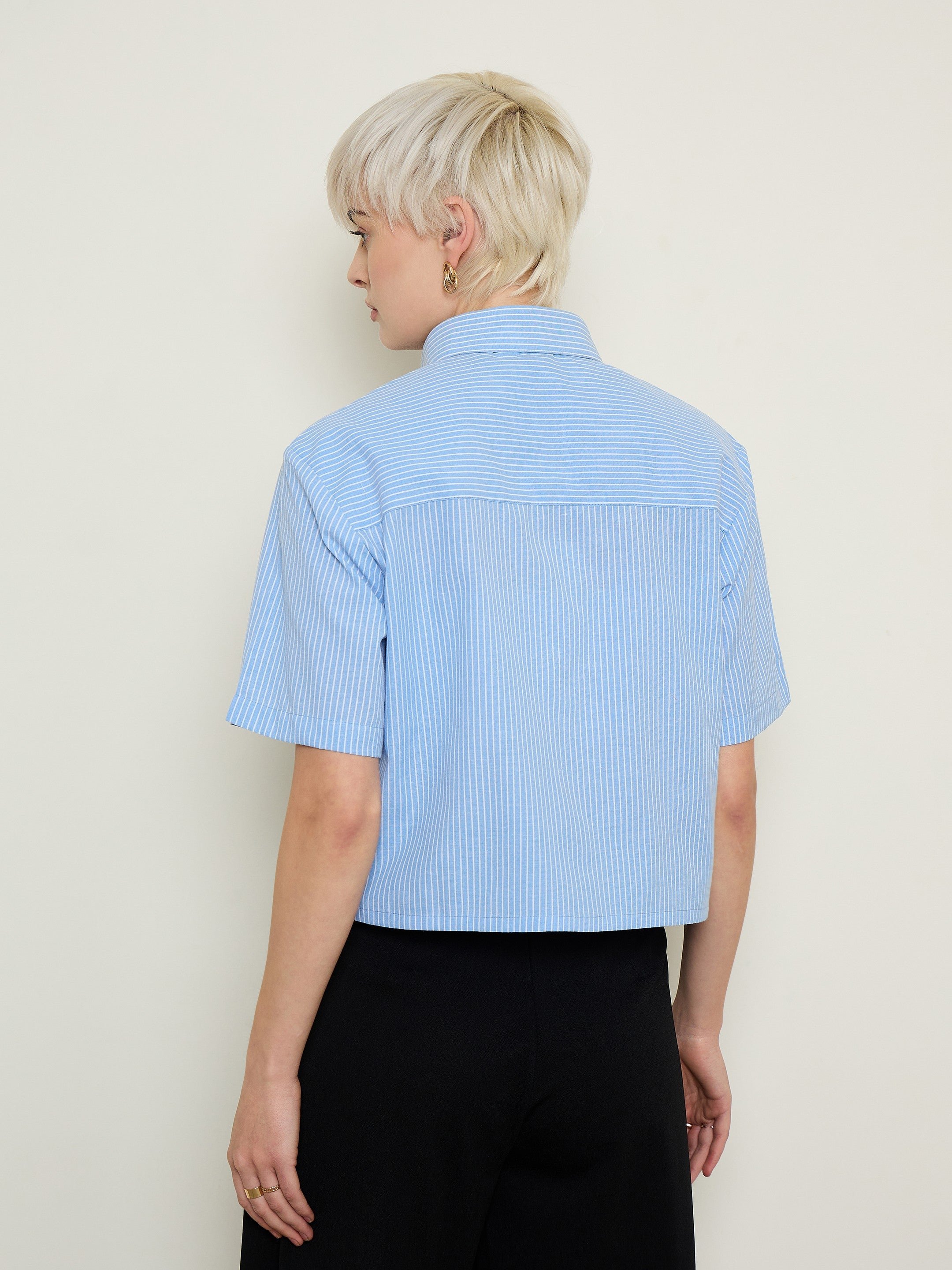 Blue Striped Short Sleeves Crop Shirt