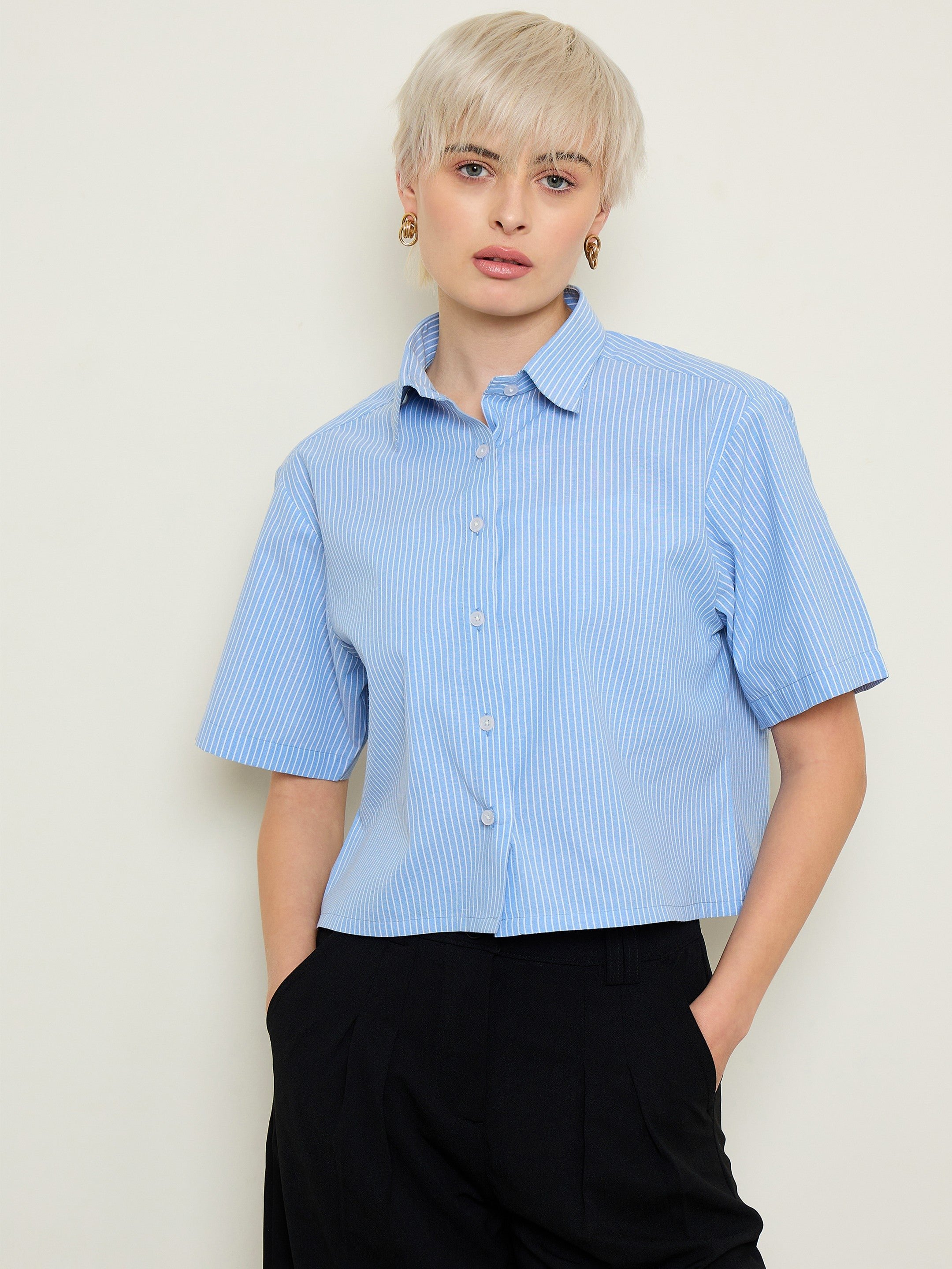 Blue Striped Short Sleeves Crop Shirt