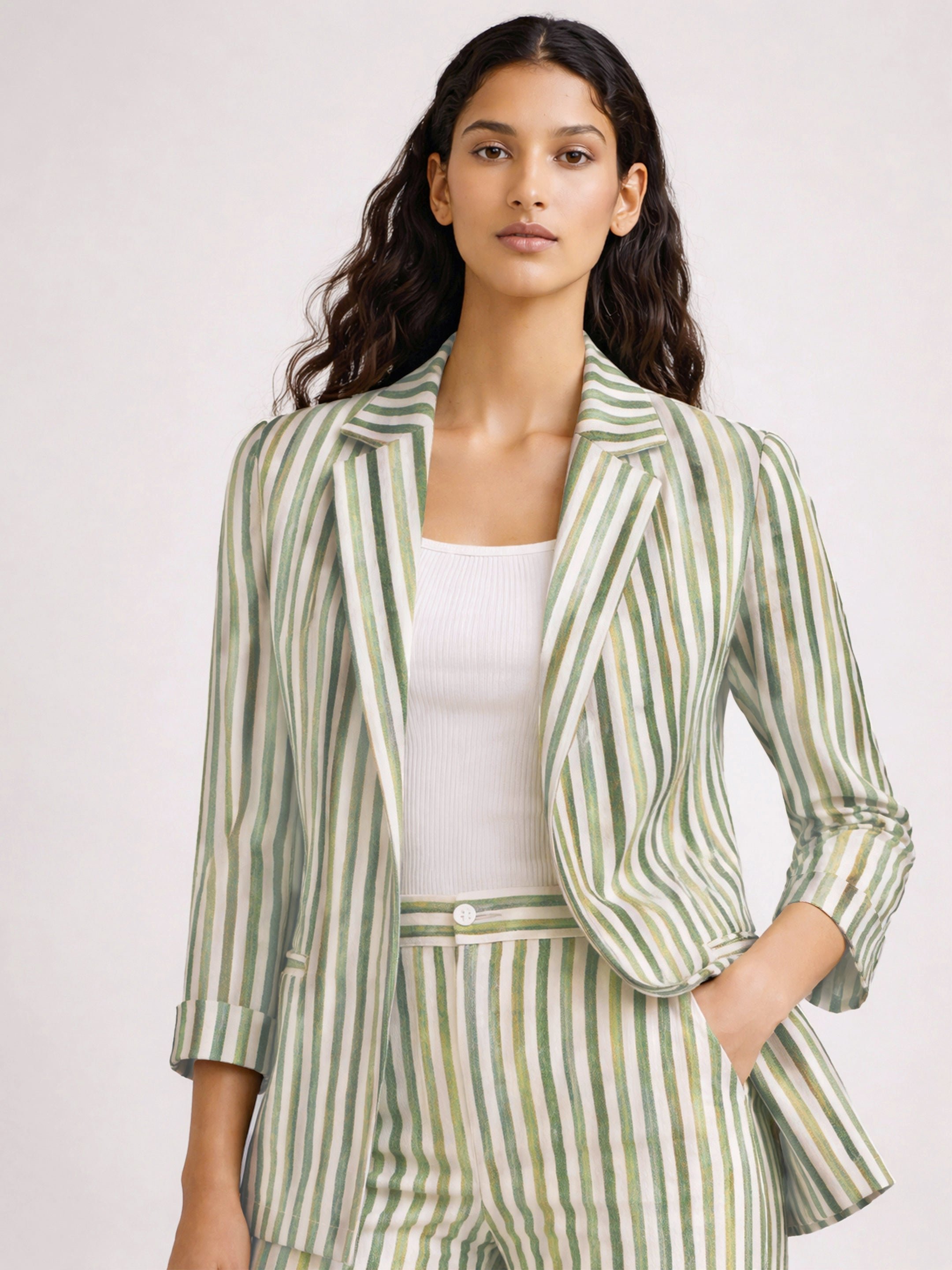 Green Striped Open Front Blazer