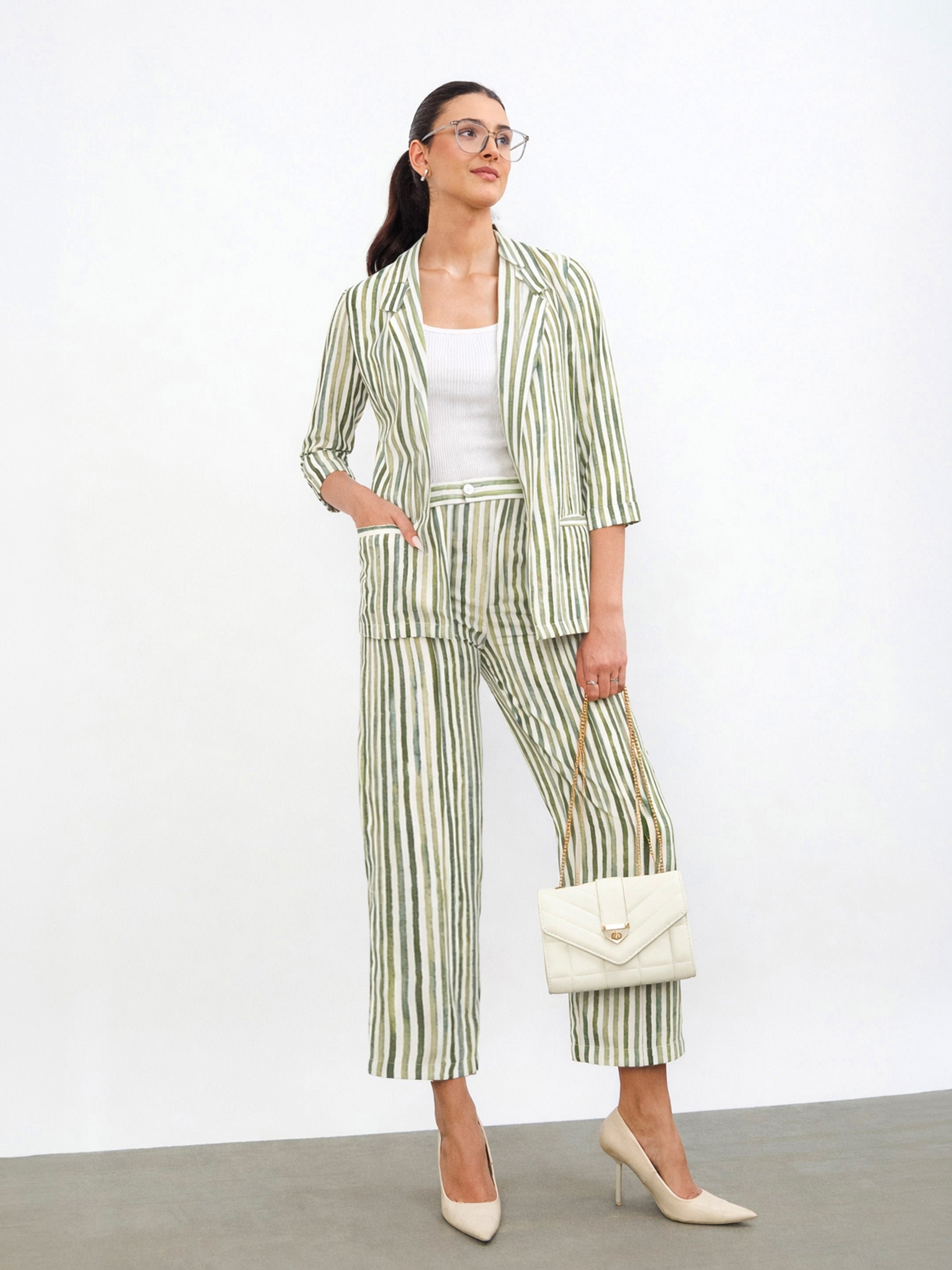 Green Striped Open Front Blazer