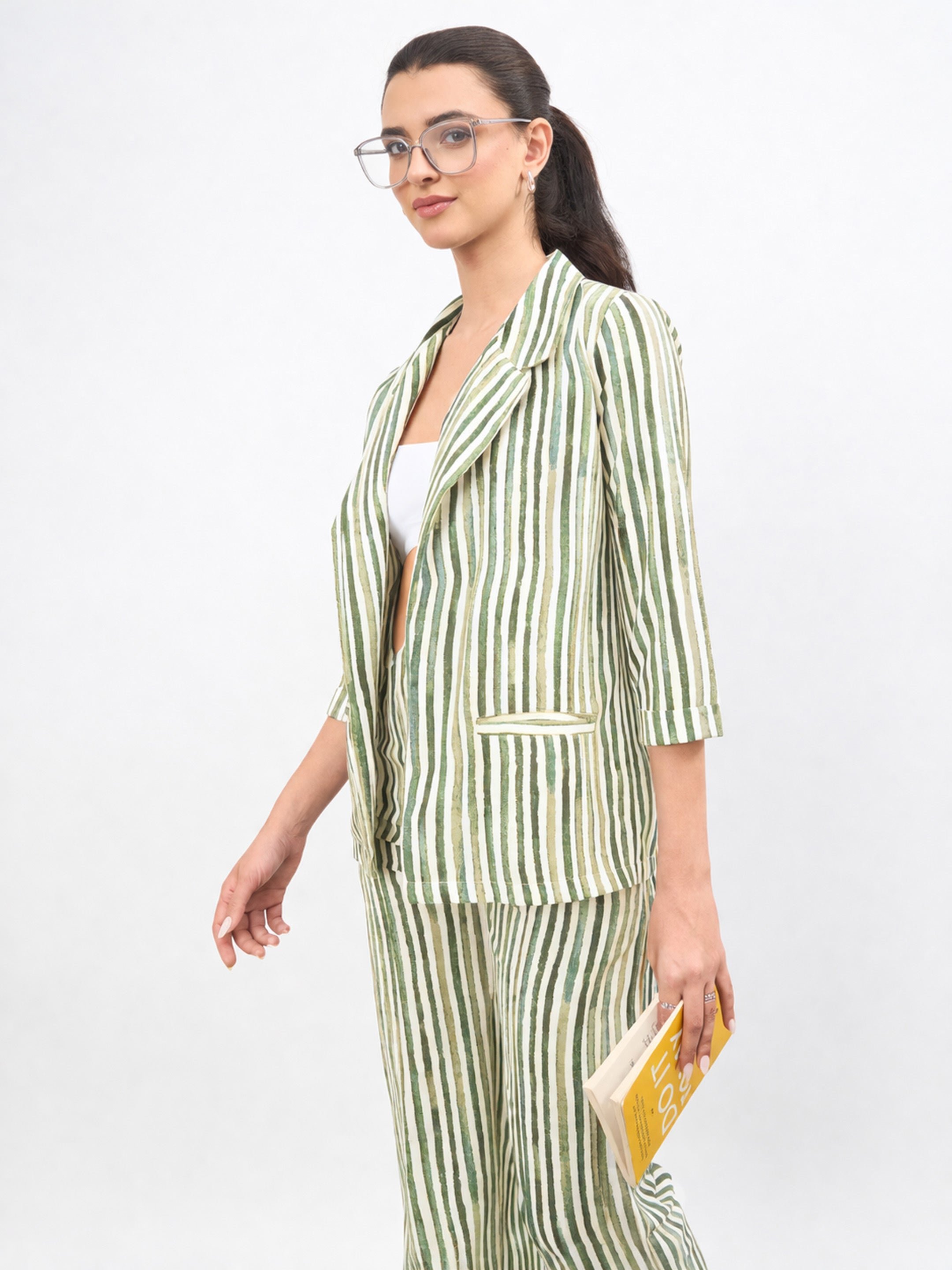 Green Striped Open Front Blazer