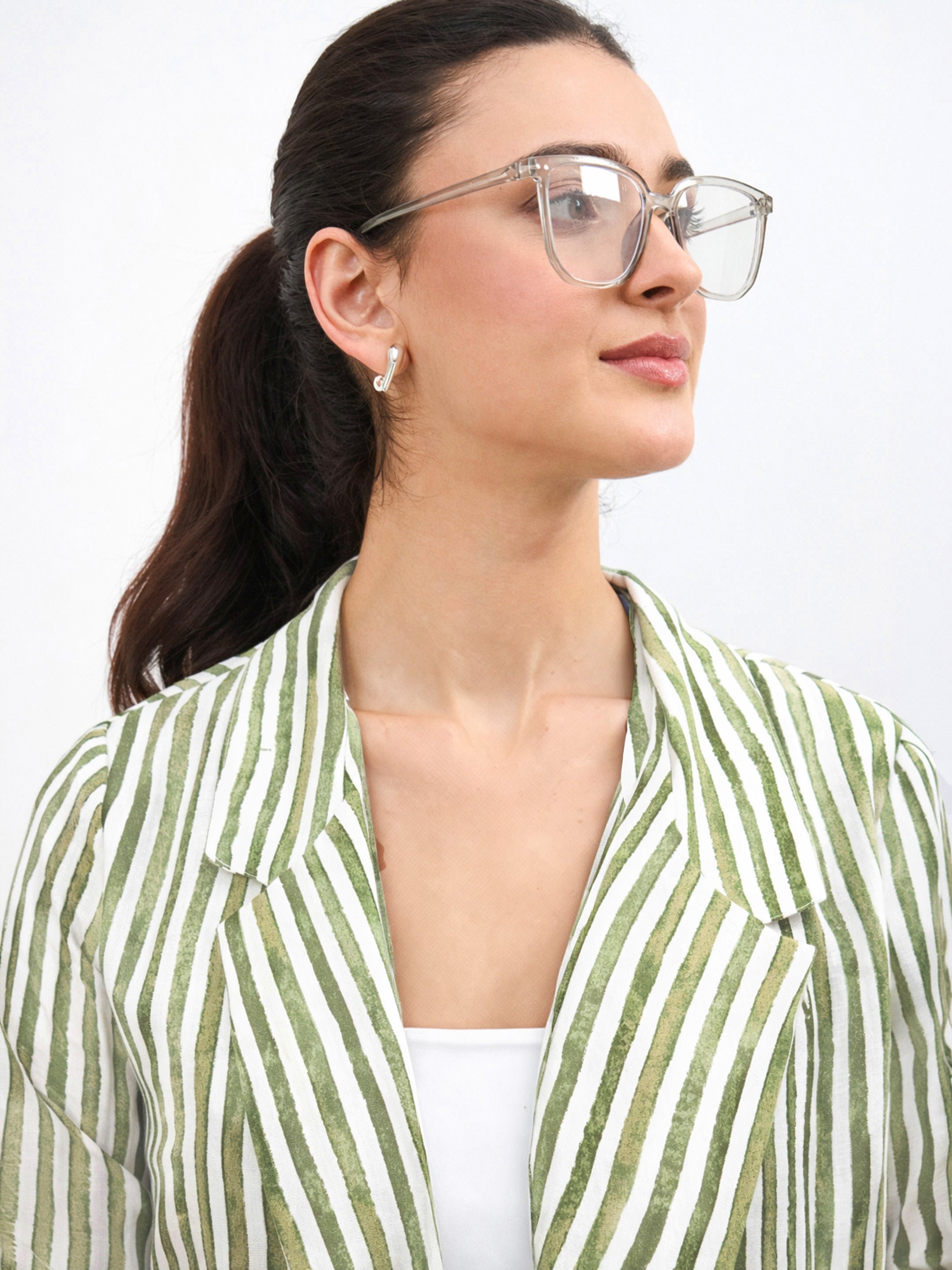 Green Striped Open Front Blazer