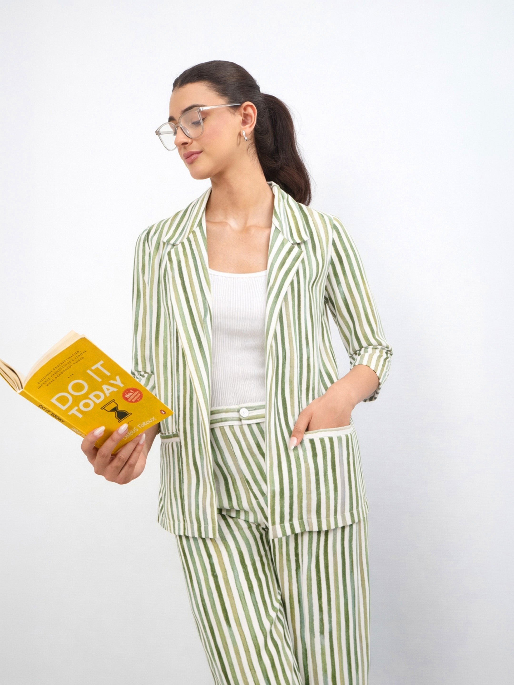 Green Striped Open Front Blazer