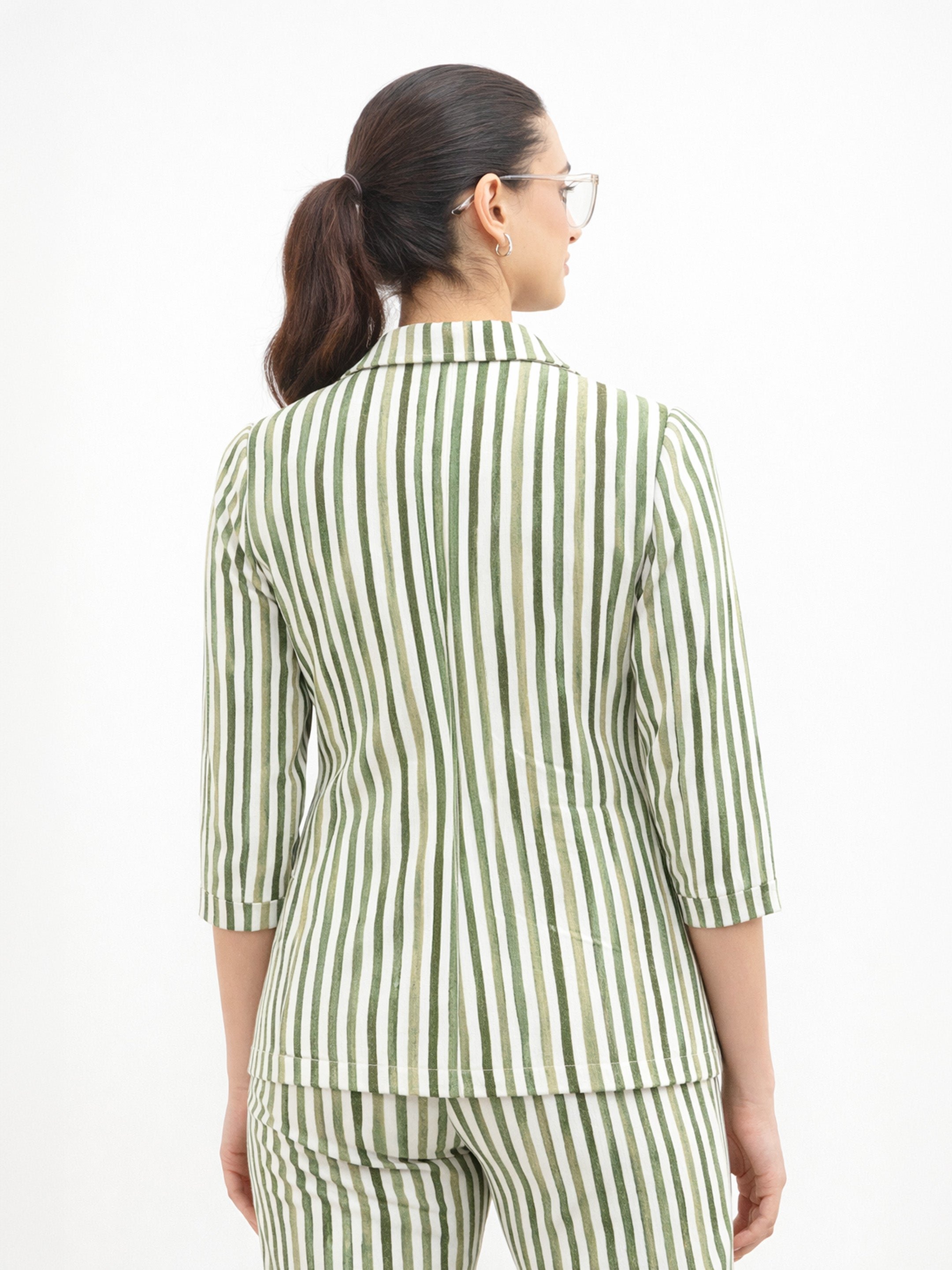 Green Striped Open Front Blazer