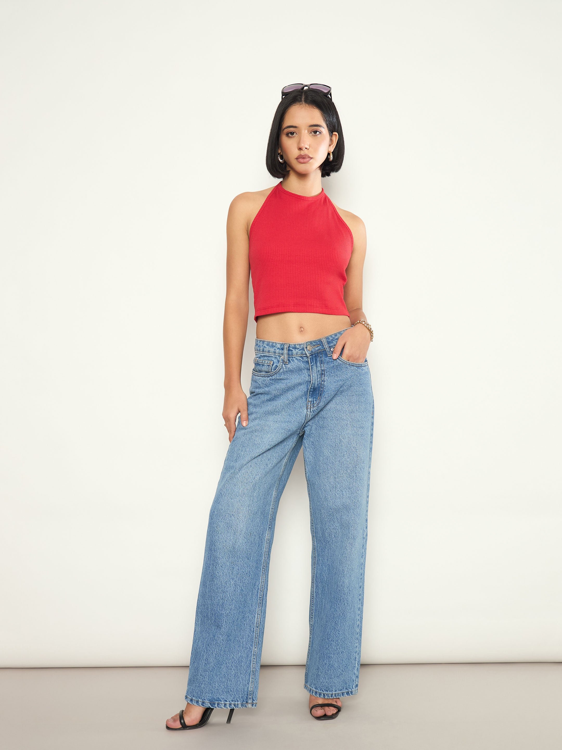 Red Rib Halter Neck Crop Top