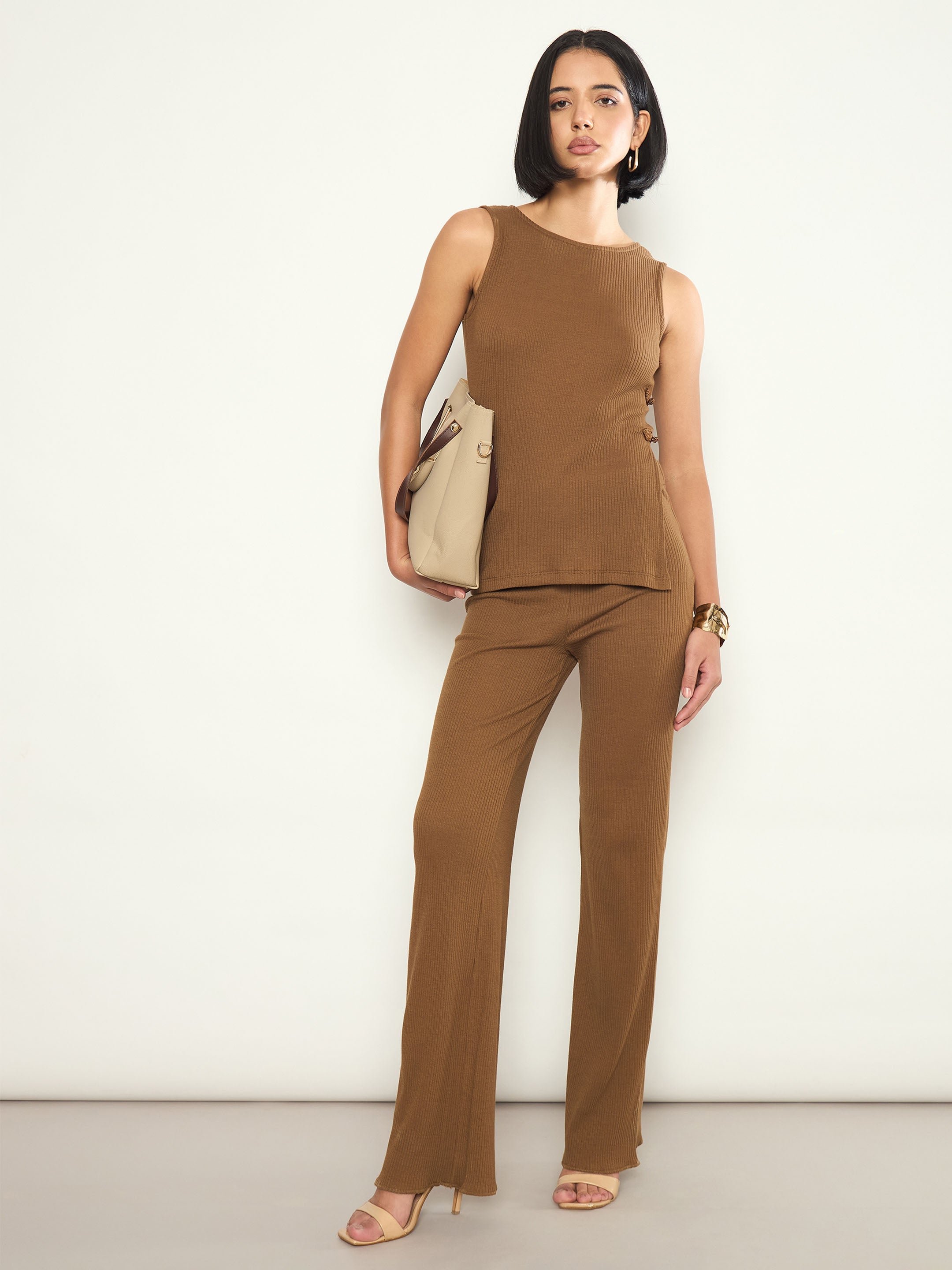 Tan Rib Sleeveless Side Slit Top